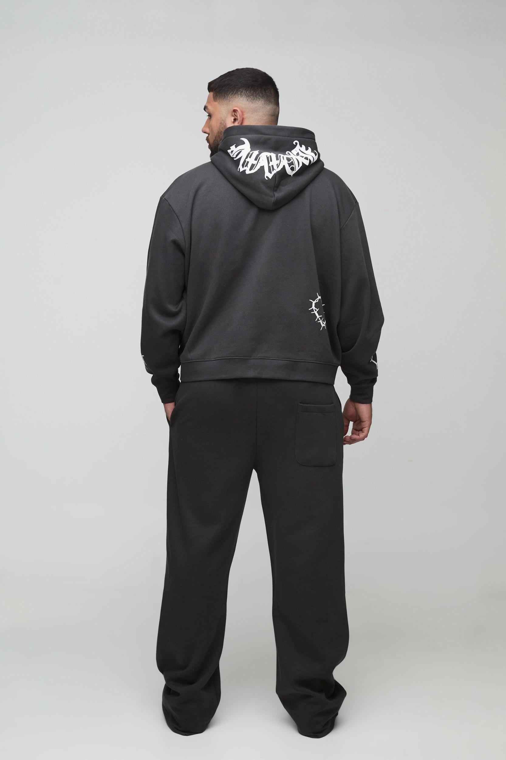 Plus Oversized Boxy Zip Heart Print Zip Hooded Double Waistband Tracksuit | boohooMAN USA Product Image
