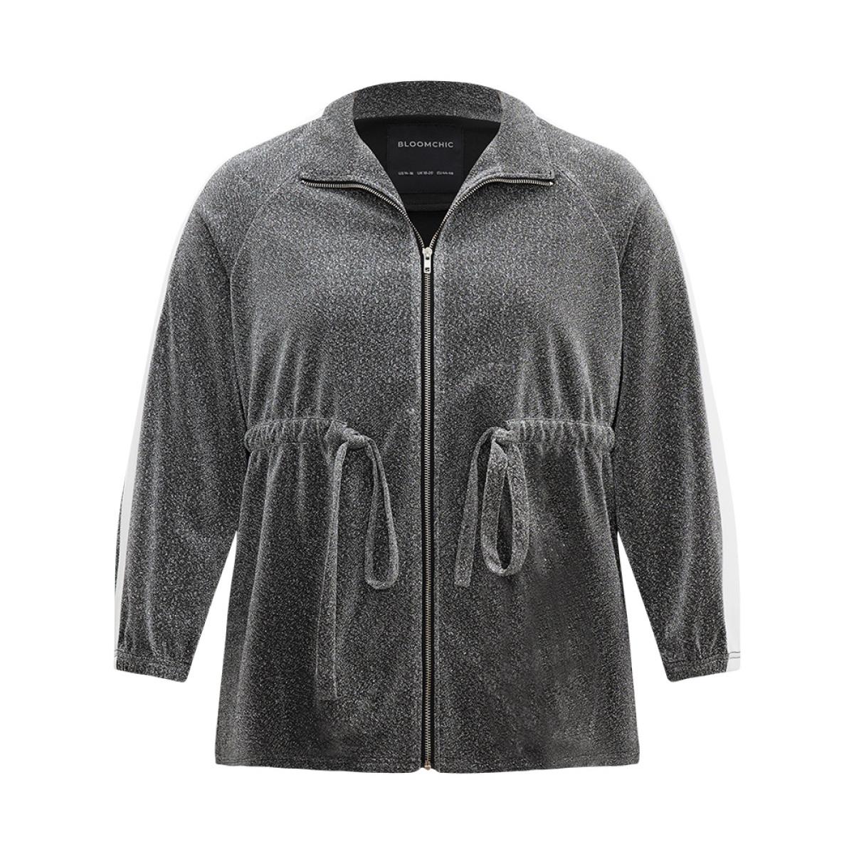 Plus Size Patchwork Contrast Trim Drawstring Zipper Jacket Women DimGray Contrast Dailywear Jackets BloomChic 10/M Product Image