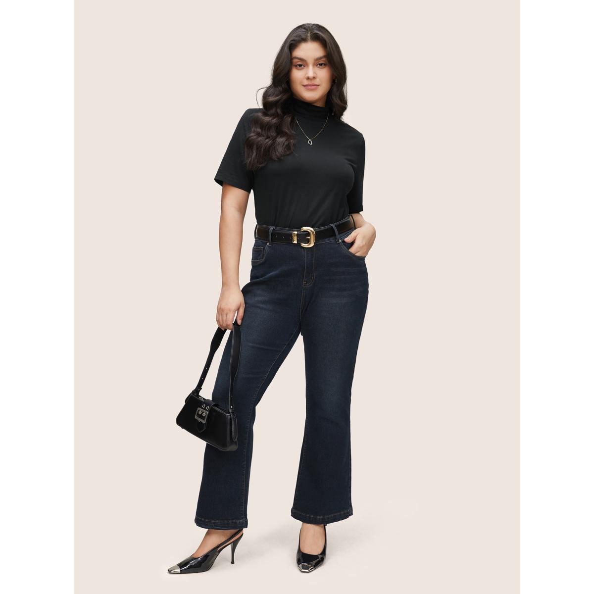 Plus Size Cotton Bodycon Mock Neck T-shirt Black Women Basics Non Plain Mock Neck Everyday T-shirts BloomChic 18-20/2X Product Image