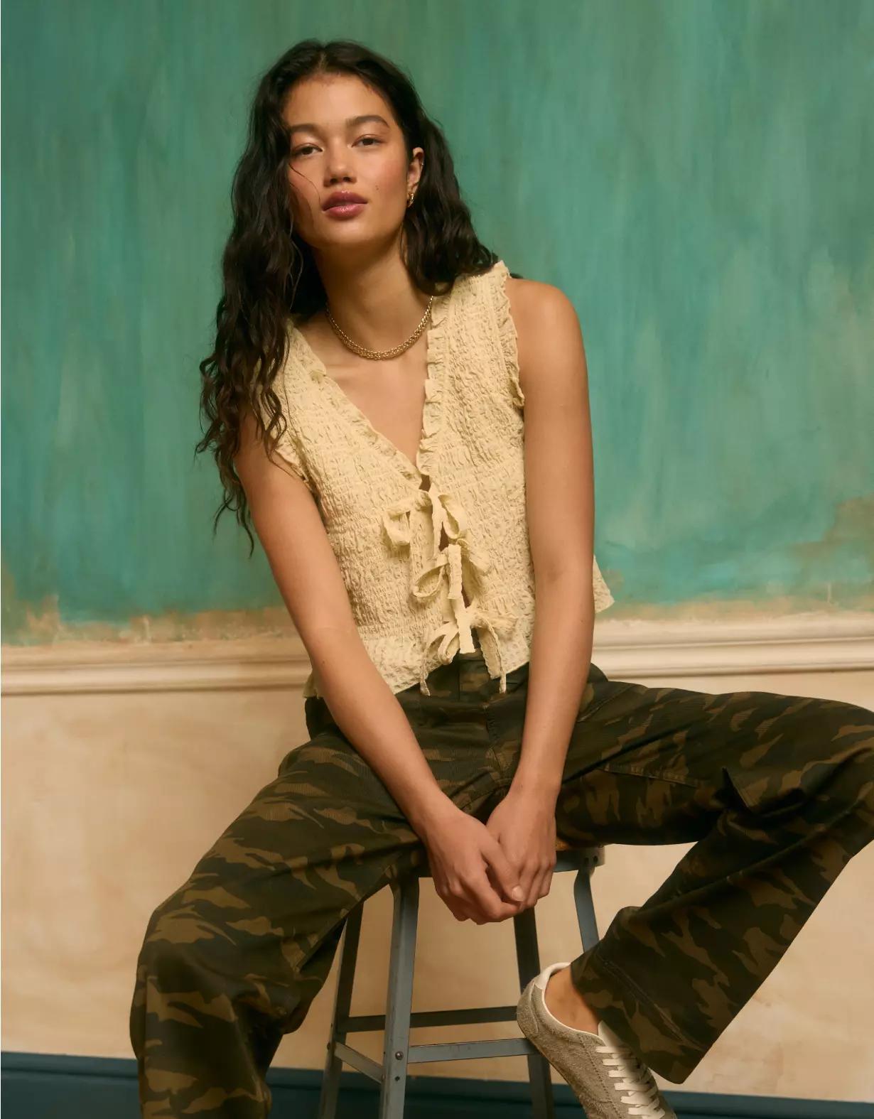 AE Tie-Front Smocked Tank Top Product Image