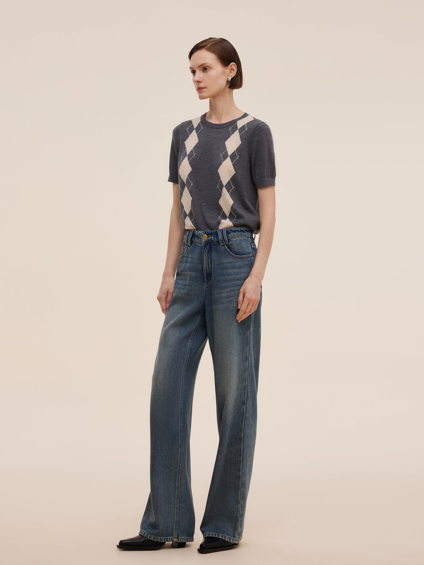 100% Machine Washable Wool Argyle Women Knit Top Product Image