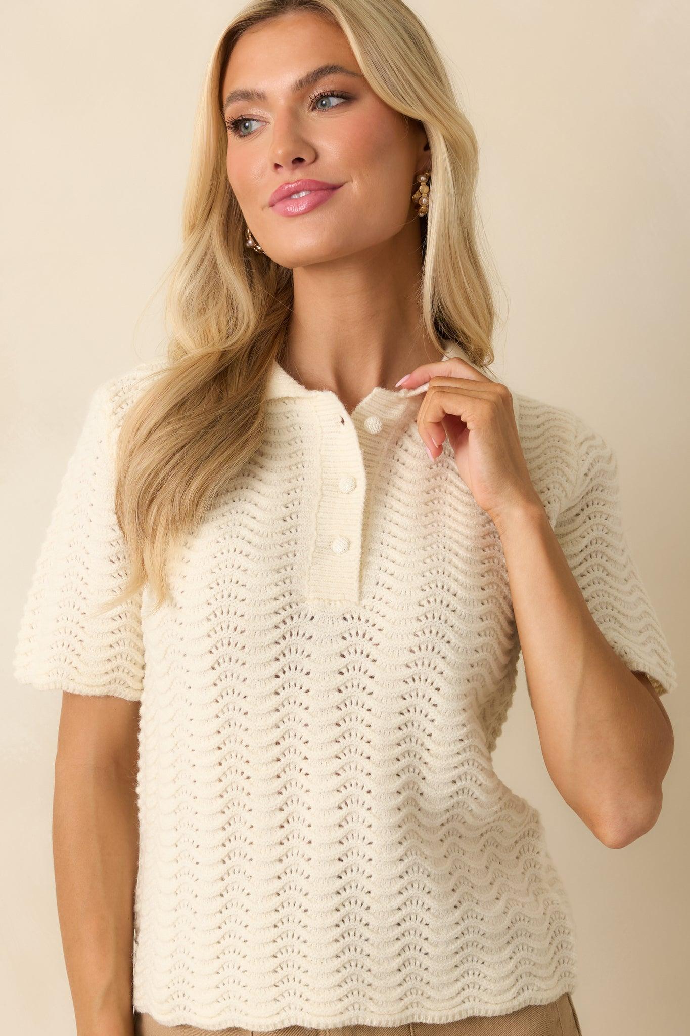 Left It At That Ivory Scalloped Pointelle Knit Short Sleeve Sweater Product Image