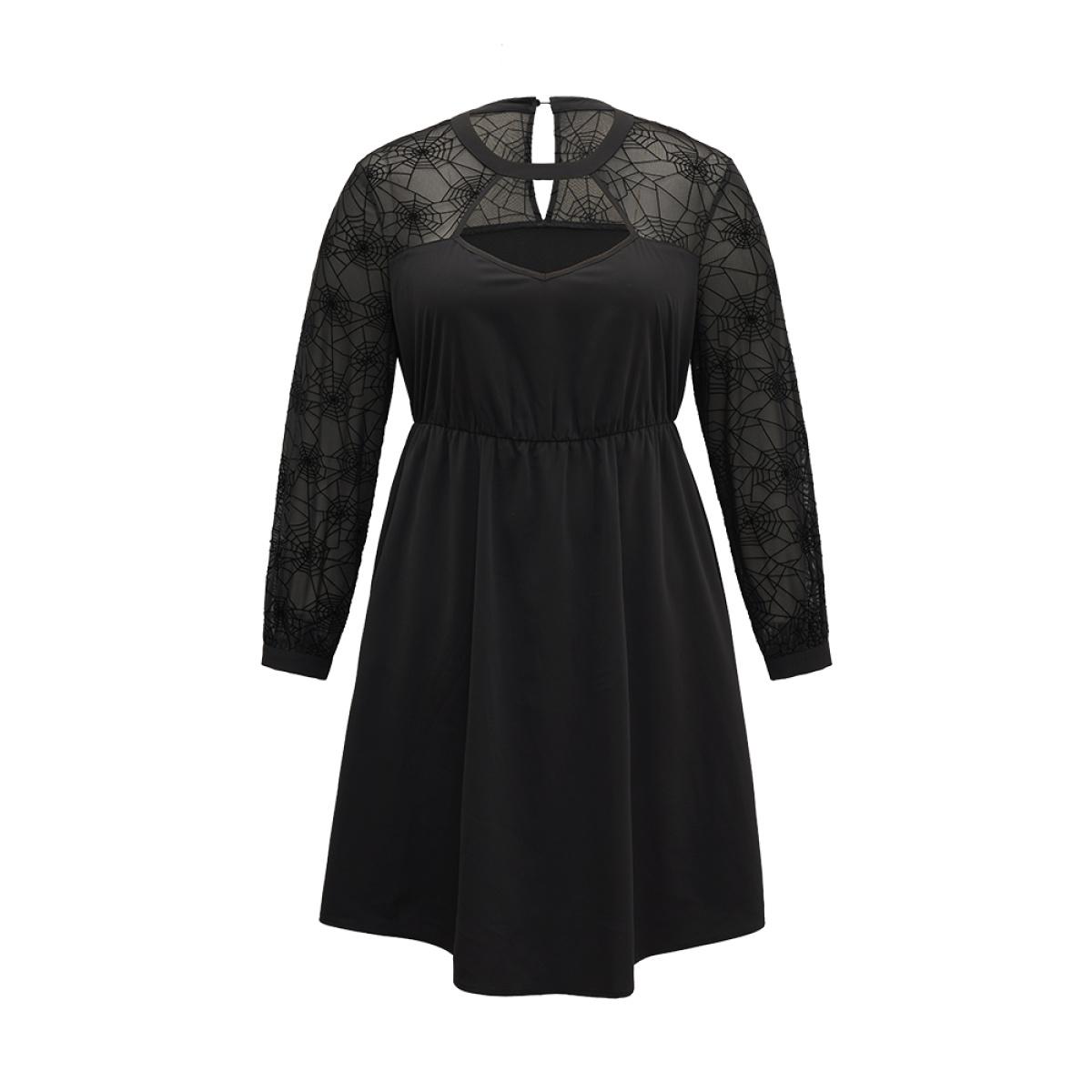 Plus Size Anti-Wrinkle Halloween Keyhole Mesh Pocket Dress Black Women Elegant See through Round Neck Long Sleeve Curvy Knee Dress BloomChic 14-16/1X Product Image