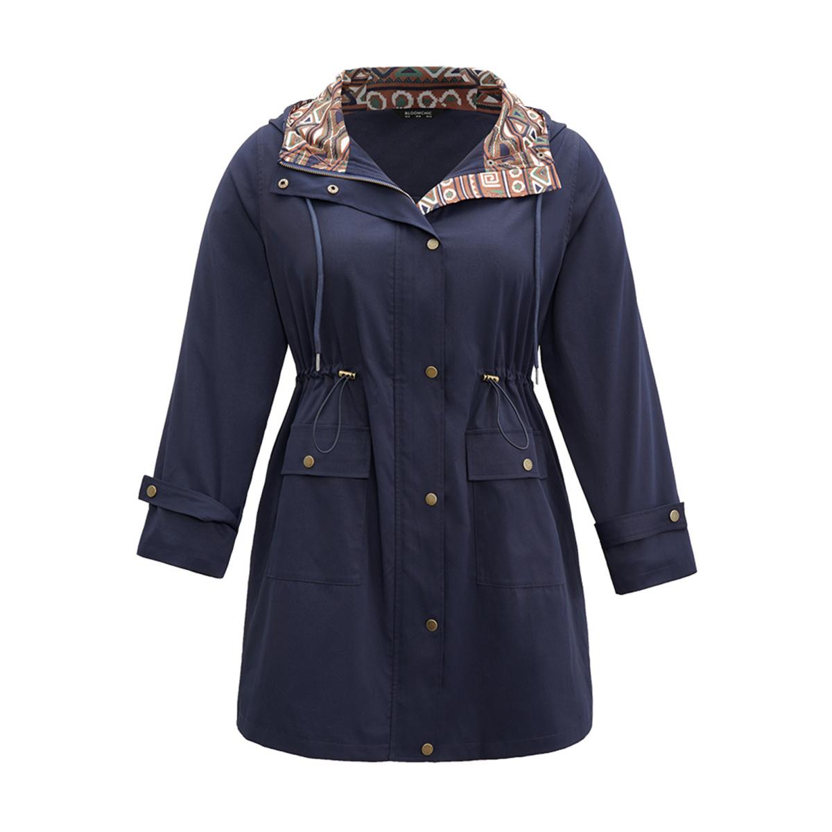 Plus Size Bandana Print Hooded Drawstring Snap Button Jacket Women Indigo Patchwork Pocket Everyday Jackets BloomChic 10/M Product Image