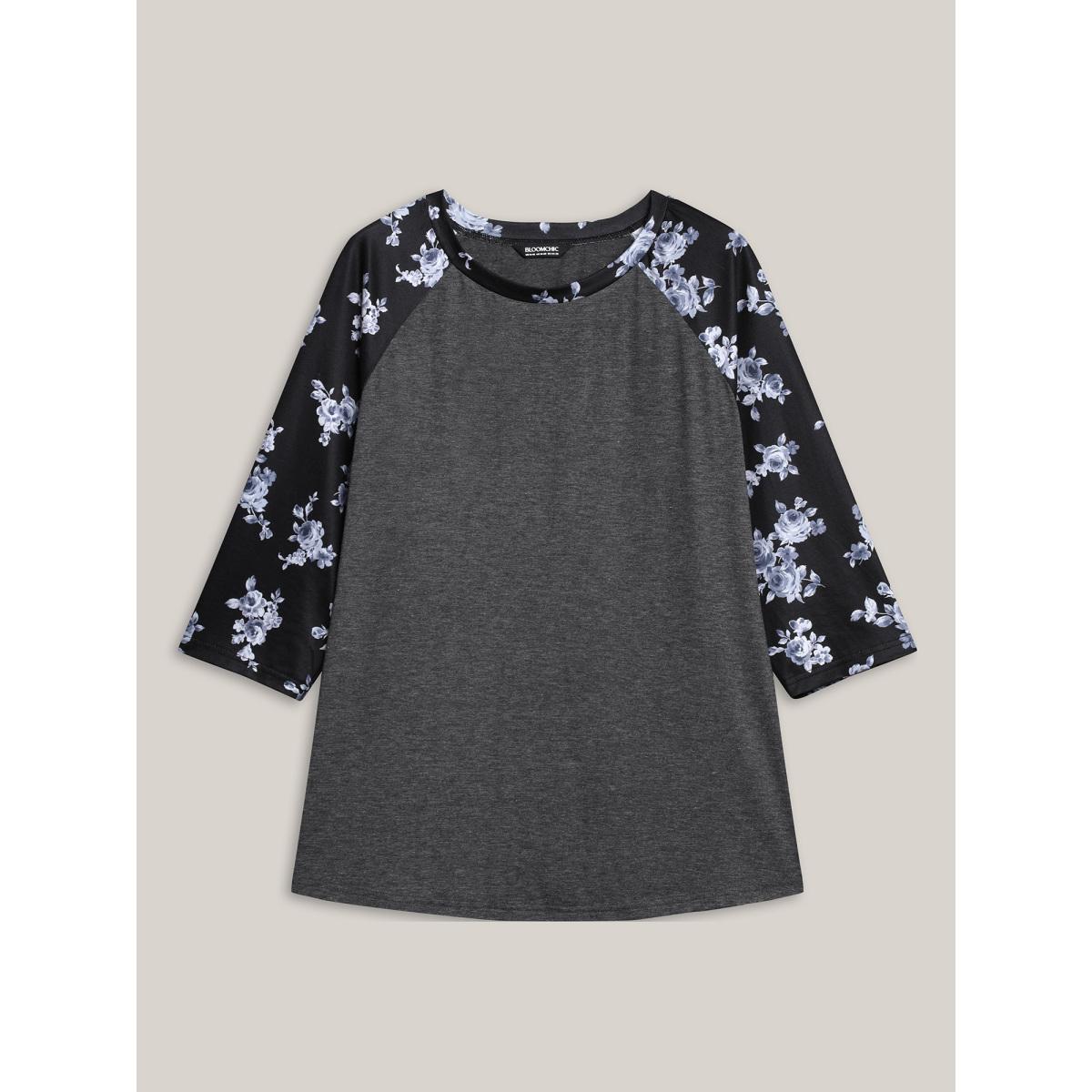 Plus Size Floral Sleeve Round Neck Flared T-Shirt DimGray Women Casual Contrast Natural Flowers Round Neck Everyday T-shirts BloomChic 18-20/2X Product Image