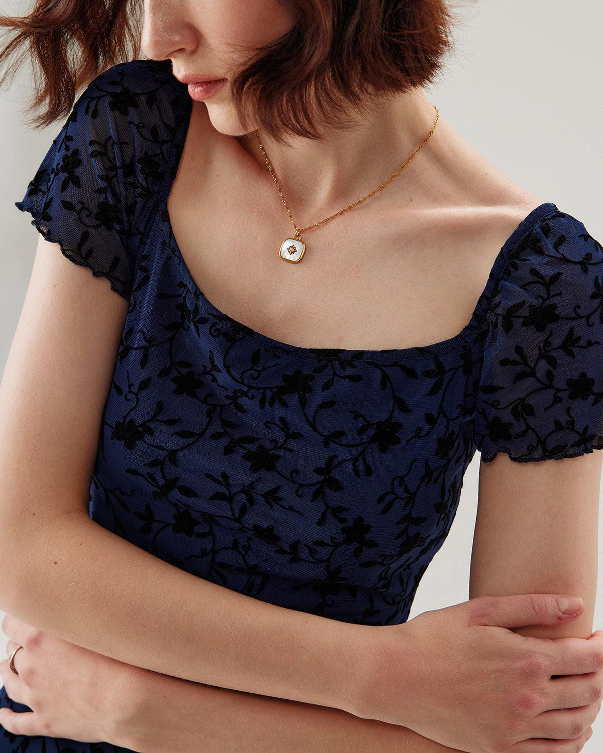 Blue Floral Square Neck Mesh Mini Dress Product Image