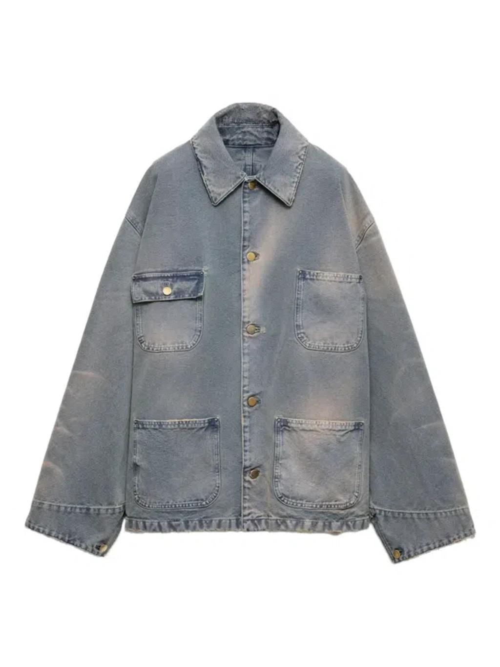 PRADA Distressed Denim Blouson Jacket In Gray Product Image