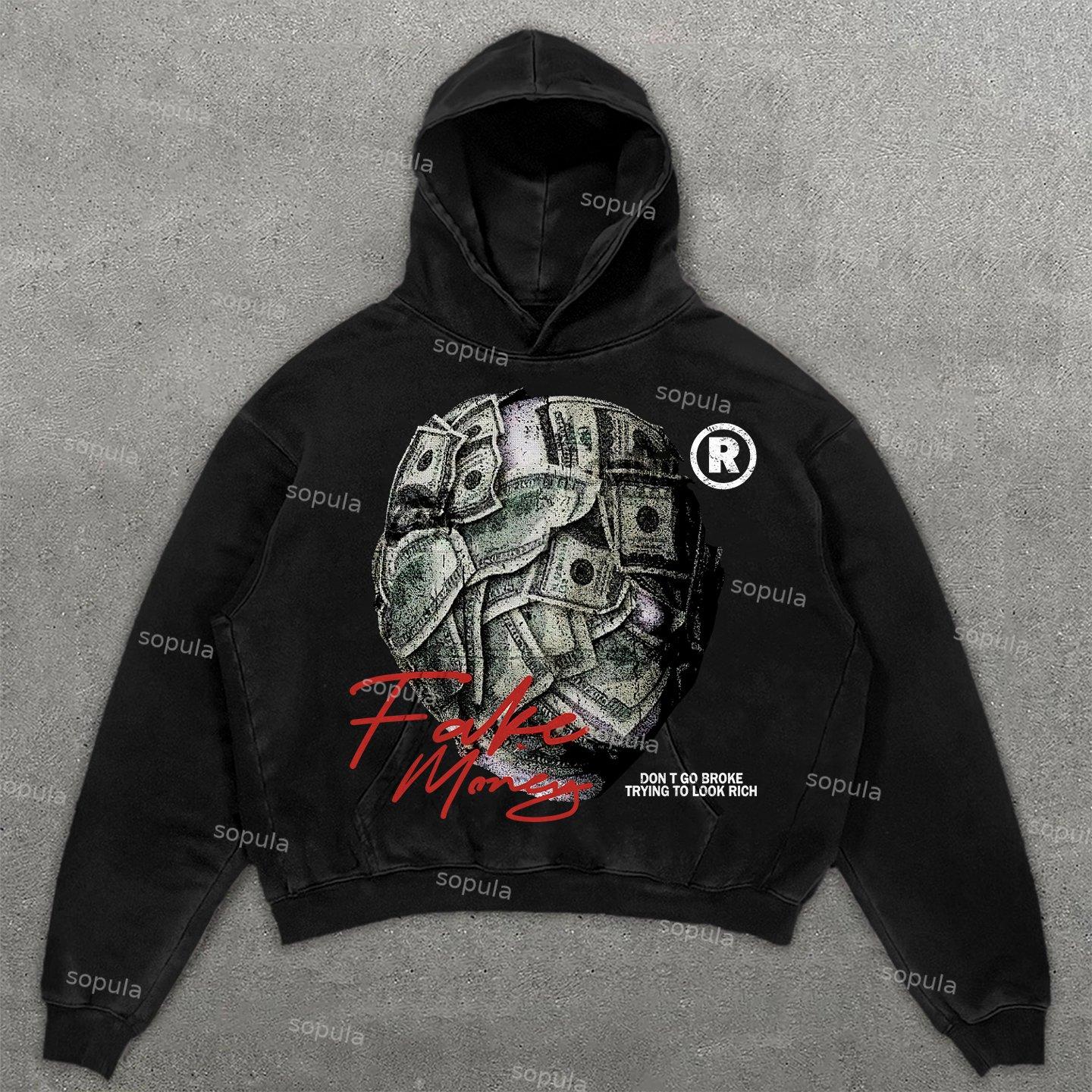 Sopula Don't Go Broke Trying To Look Rich Graphic Washed Oversized Hoodie Product Image