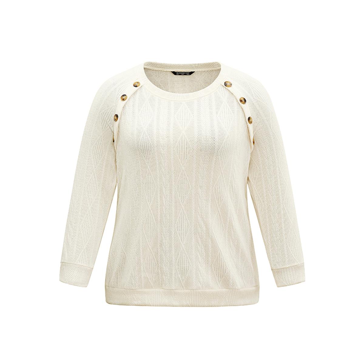 Plus Size Plain Texture Button Detail Knit Sweatshirt Women White Elegant Texture Round Neck Dailywear Sweatshirts BloomChic 14-16/1X Product Image