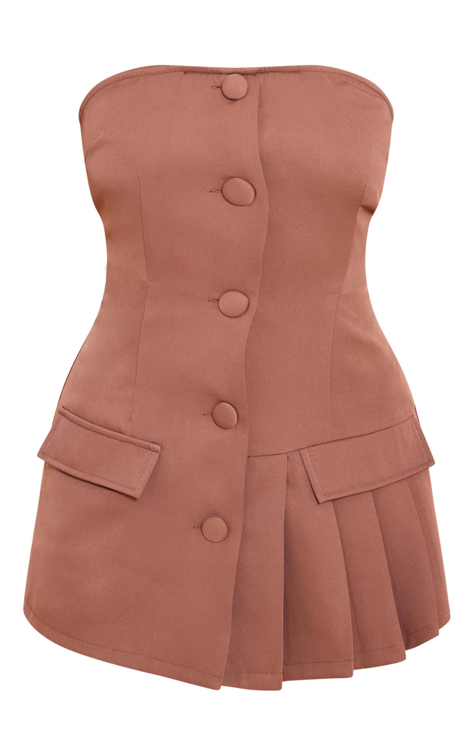 Mocha Tailored Pleat Detail Bandeau Romper Product Image