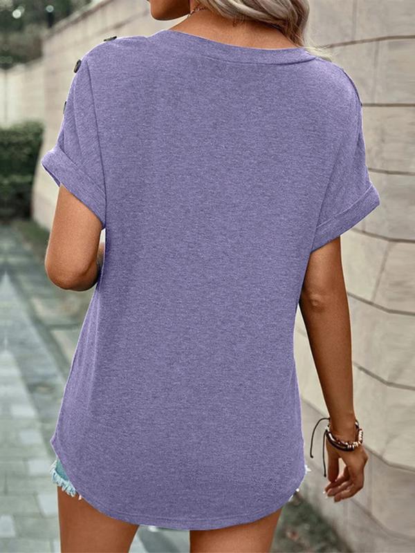 Loose Short Sleeves Buttoned Solid Color V-Neck T-Shirts Tops Product Image