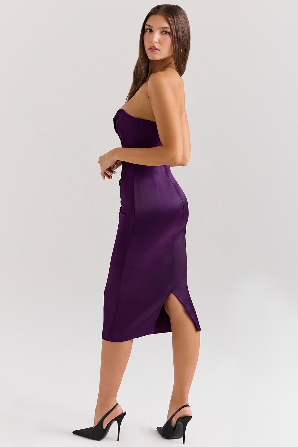 Santana  grape satin strapless midi dress Product Image