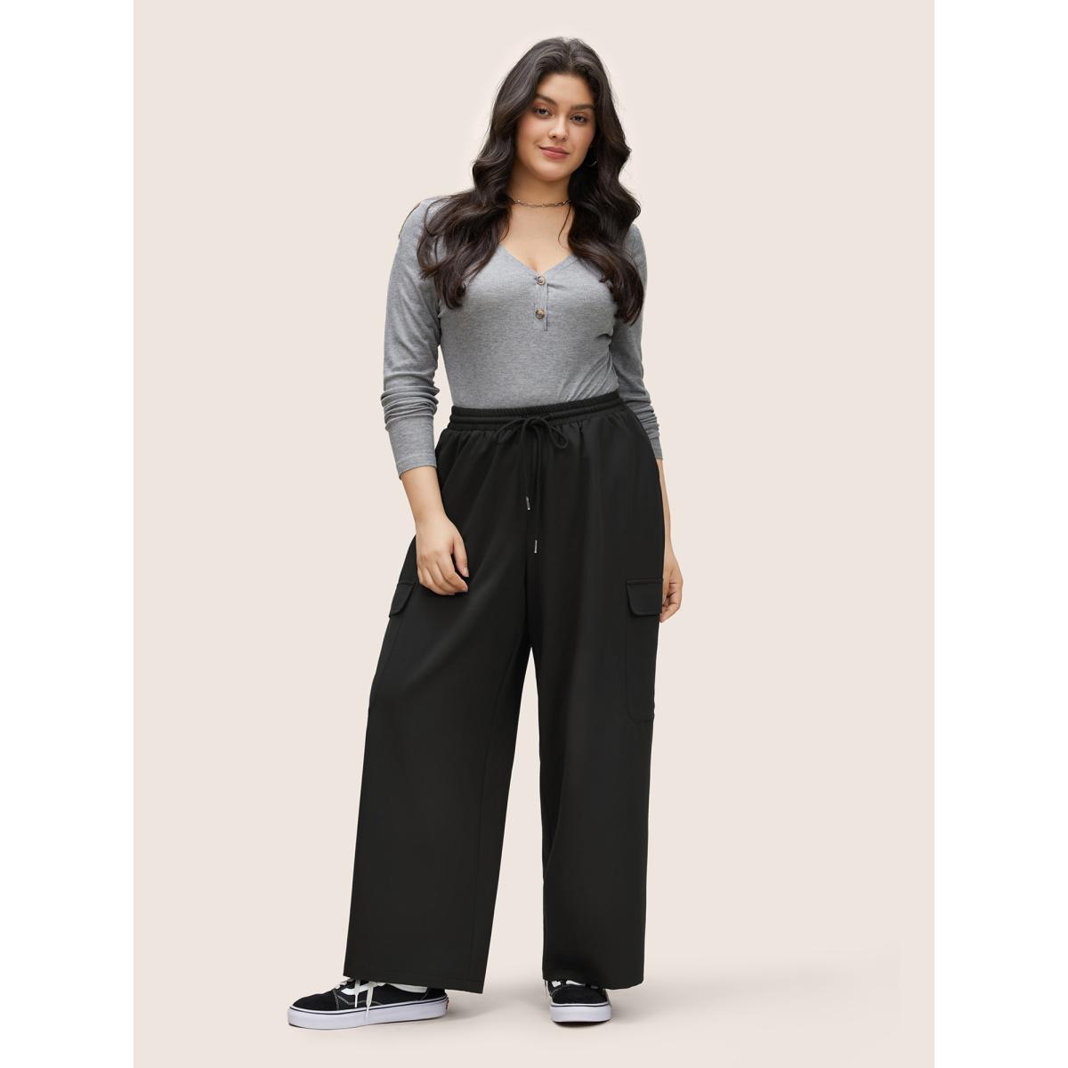 Plus Size Plain Pocket Drawstring Elastic Waist Straight Leg Pants Women Black Casual Straight Leg High Rise Everyday Pants BloomChic 14-16/1X Product Image