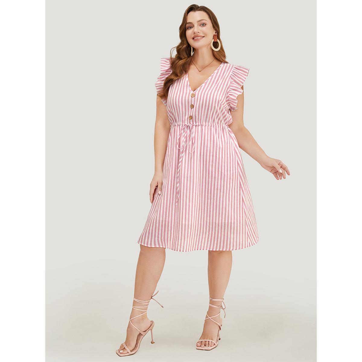 Plus Size Striped Print Button Detail Ruffle Trim Drawstring Dress Pink Women Vacation Drawstring V-neck Cap Sleeve Curvy Knee Dress BloomChic 18-20/2X Product Image