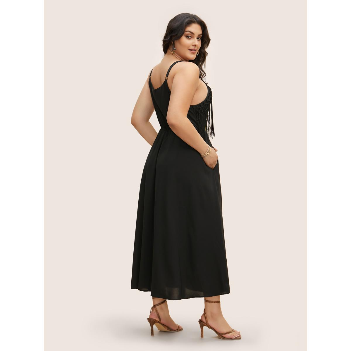 Plus Size Solid Tassel Trim Split Hem Cami Dress Black Women Resort Wraparound straps V-neck Sleeveless Curvy BloomChic 26/4X Product Image
