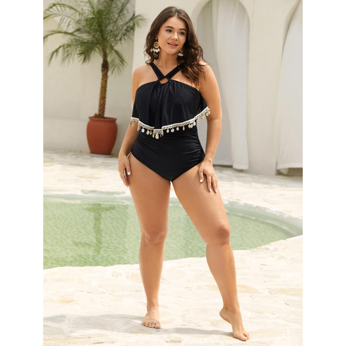 Plus Size Shell Lotus Leaf Edge One-Piece Swimsuit Women's Swimwear Black Beach Gathered Curve Bathing Suits High stretch One Pieces BloomChic 18-20/2X Product Image