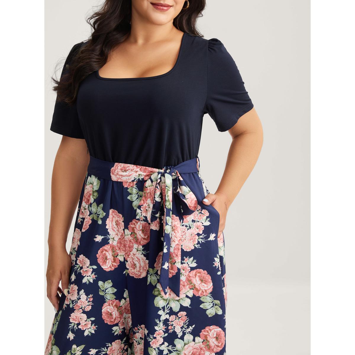 Plus Size Indigo Color Contrast Belted Panel Pockets Jumpsuit Women Timeless Short sleeve Square Neck Elegant Loose Jumpsuits BloomChic 28/5X Product Image