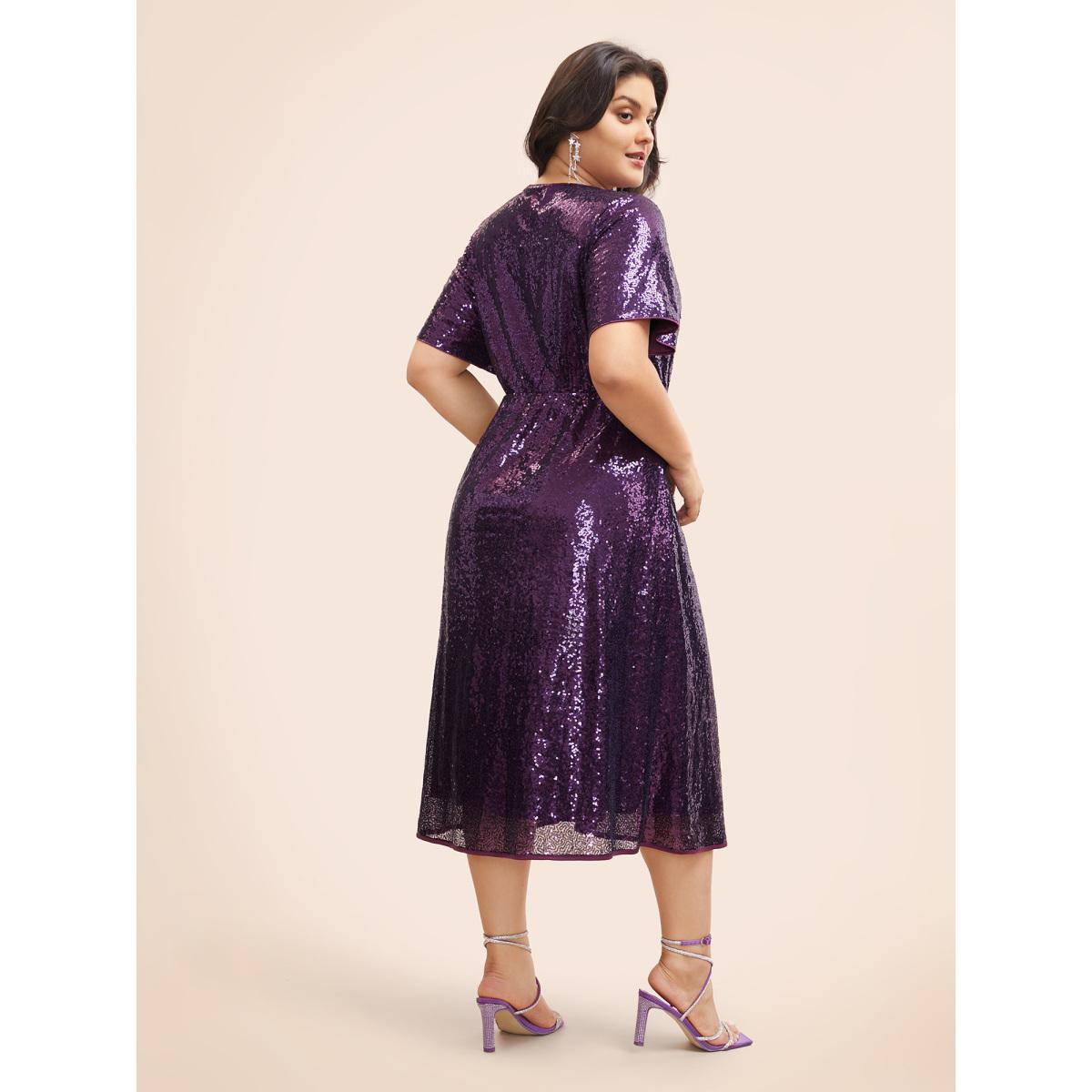 Plus Size Sequin Overlap Collar Ruffle Sleeve Dress Deeppurple Women Cocktail Texture Overlap Collar Short sleeve Curvy BloomChic 14-16/1X Product Image