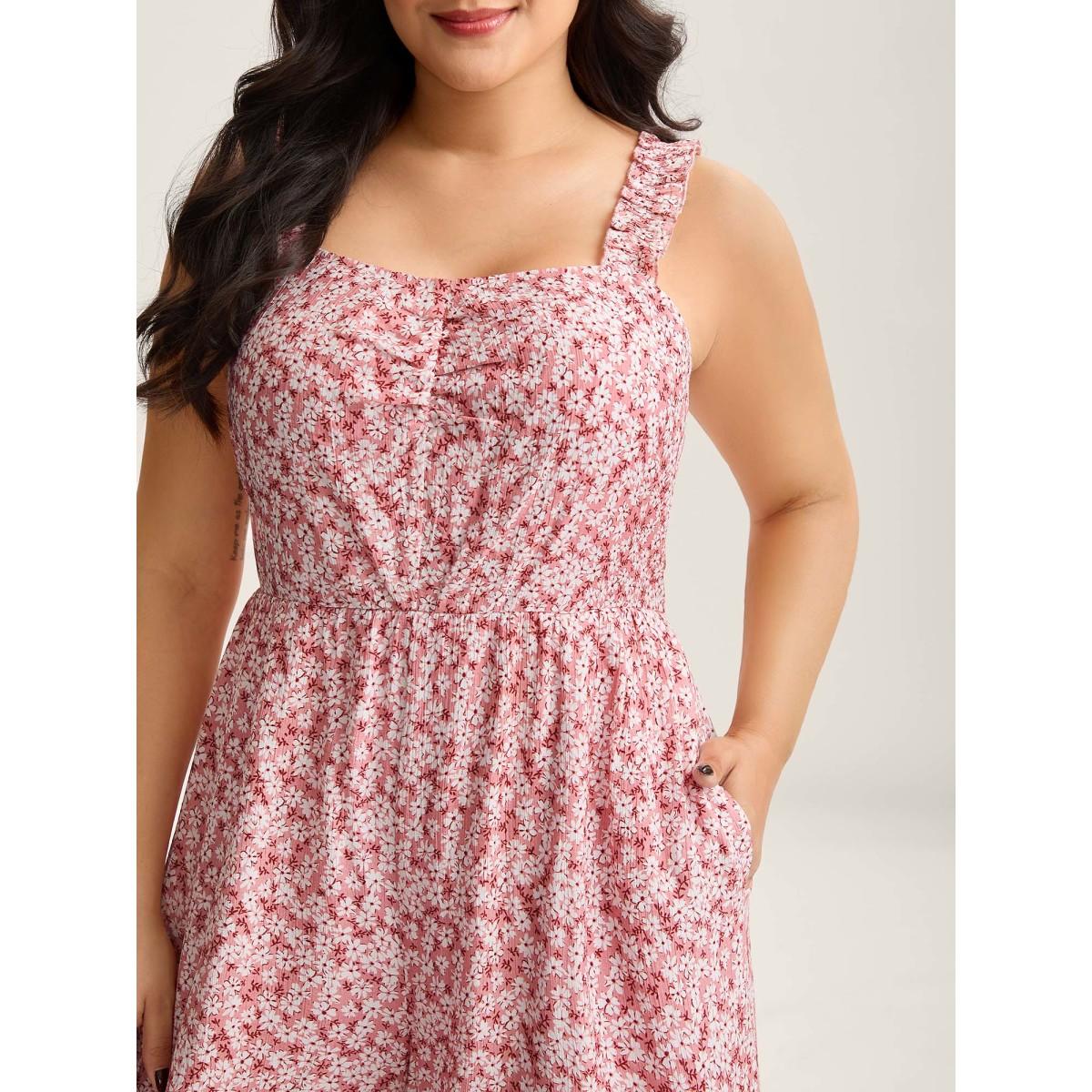 Plus Size Blush Pleated Bodice Petal Trim Straps Jumpsuit Women Sleeveless Non Everyday-Casual Loose Jumpsuits BloomChic 18-20/2X Product Image