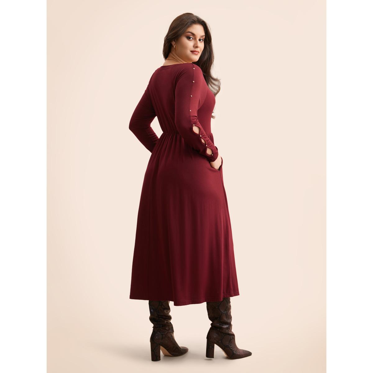 Plus Size Pearl Beaded Cut Out Midi Dress Burgundy Women Elegant Beaded Round Neck Long Sleeve Curvy BloomChic 10/M Product Image