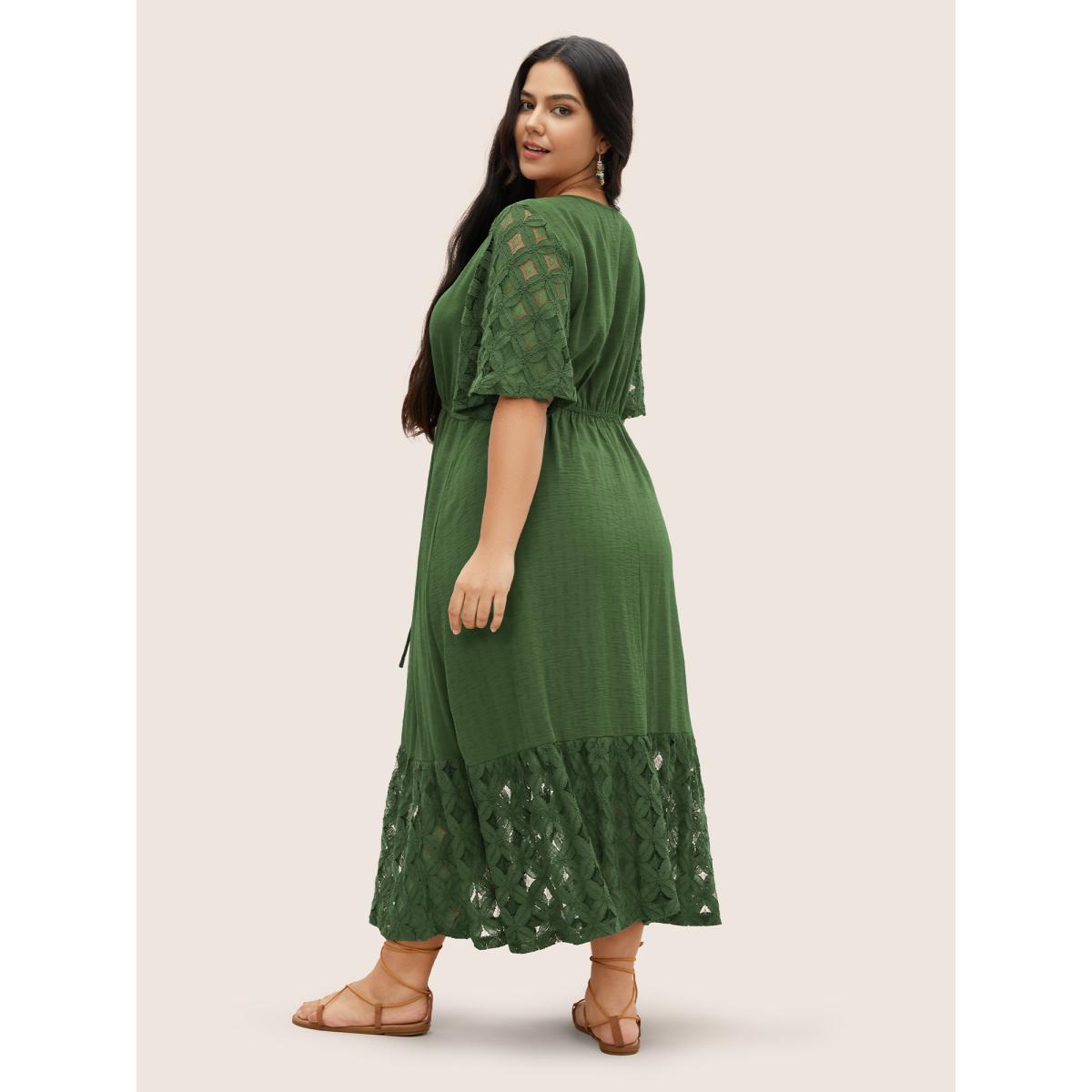 Plus Size Crochet Lace Mesh Button Detail Drawstring Dress Emerald Women Resort Tie knot V-neck Half Sleeve Curvy Midi Dress BloomChic 12/L Product Image