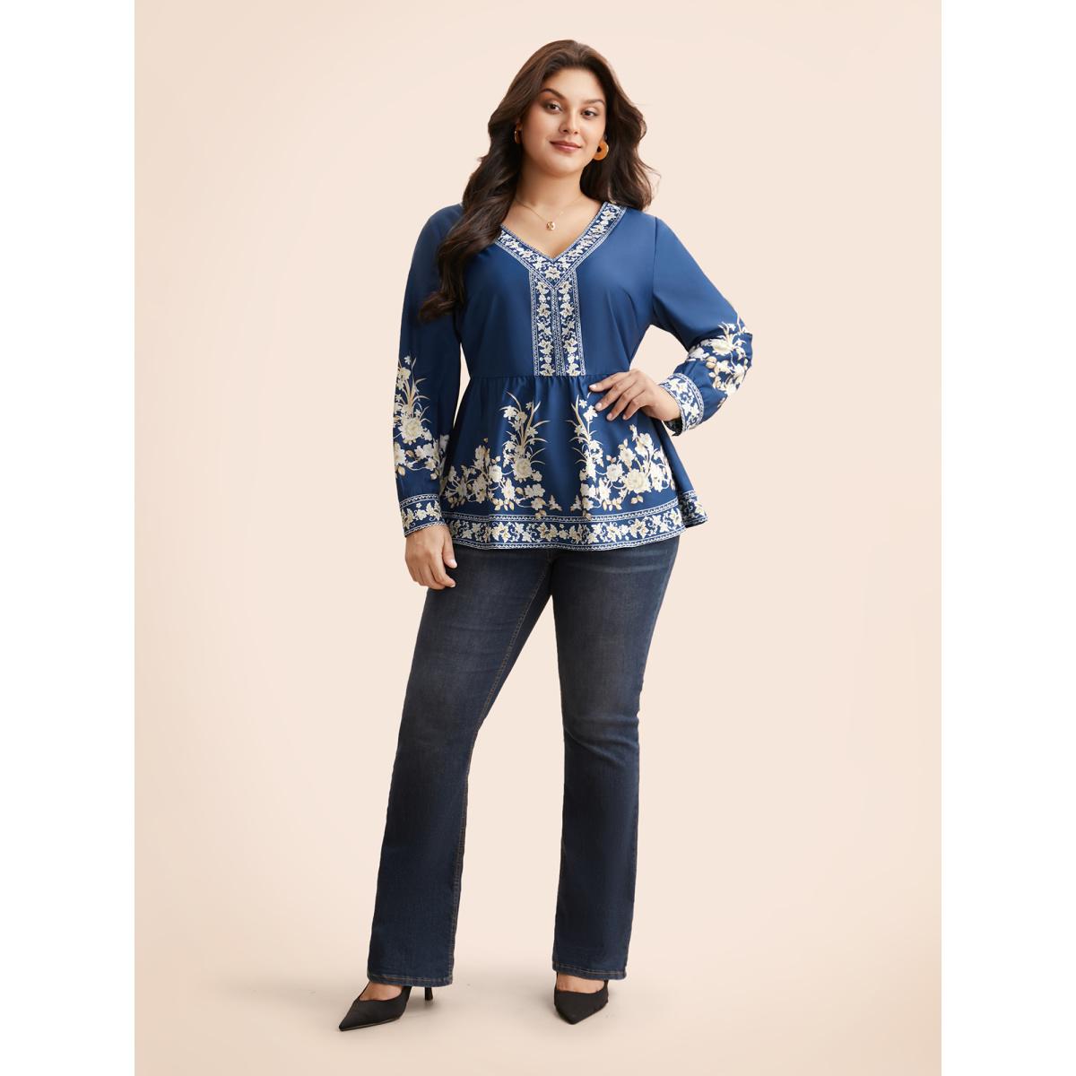 Plus Size Indigo Boho Print Elastic Waist Gathered Blouse Women Elegant Long Sleeve V-neck Everyday Blouses BloomChic 18-20/2X Product Image