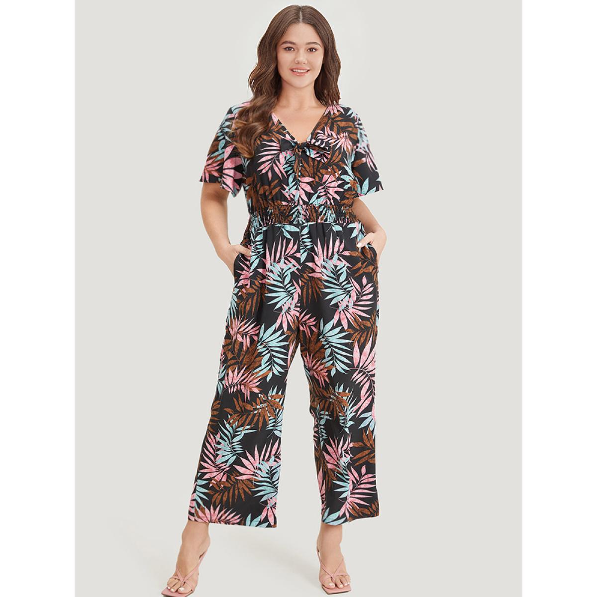 Plus Size Black Tropical Print Knot Neck Shirred Wrap Jumpsuit Women Elegant Short sleeve Tie Neck Dailywear Loose Jumpsuits BloomChic 12/L Product Image