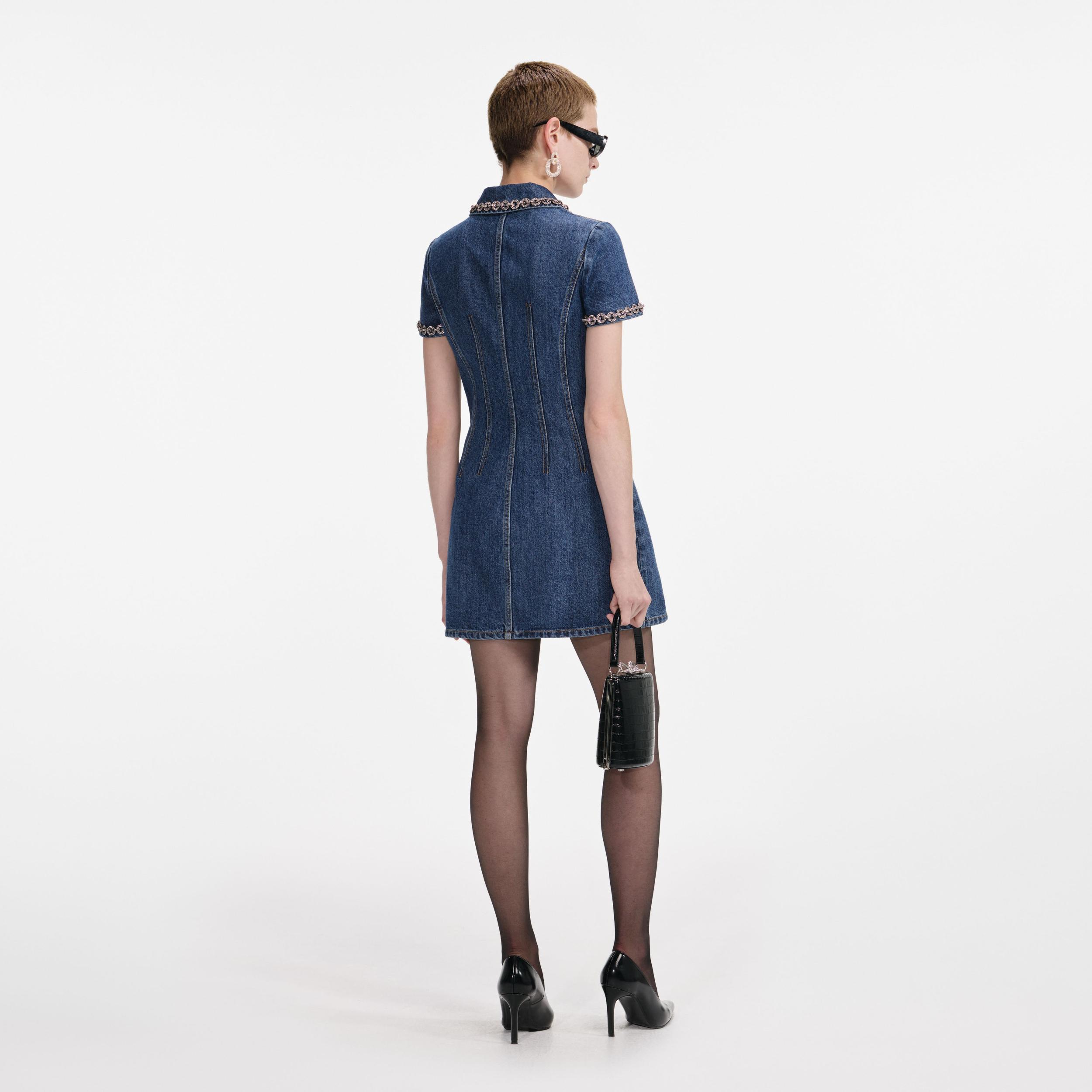 Denim Crystal Trim Collared Mini Dress Product Image