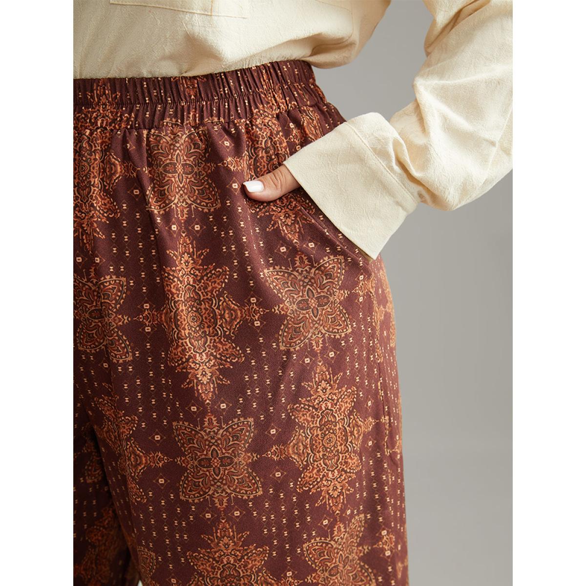 Plus Size Bandana Elastic Waist Wide Leg Ties Pants Women Maroon Vacation Wide Leg High Rise Dailywear Pants BloomChic 26/4X Product Image