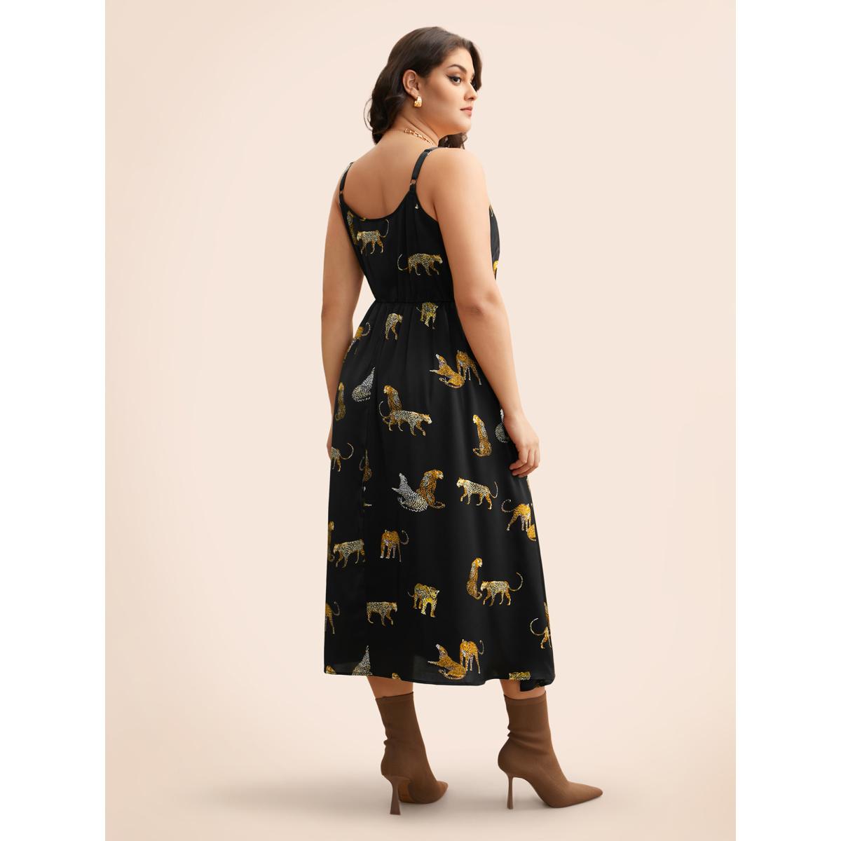 Plus Size Animal Print Elastic Waist Cami Dress Black Women Elegant Non V-neck Sleeveless Curvy BloomChic 30/6X Product Image