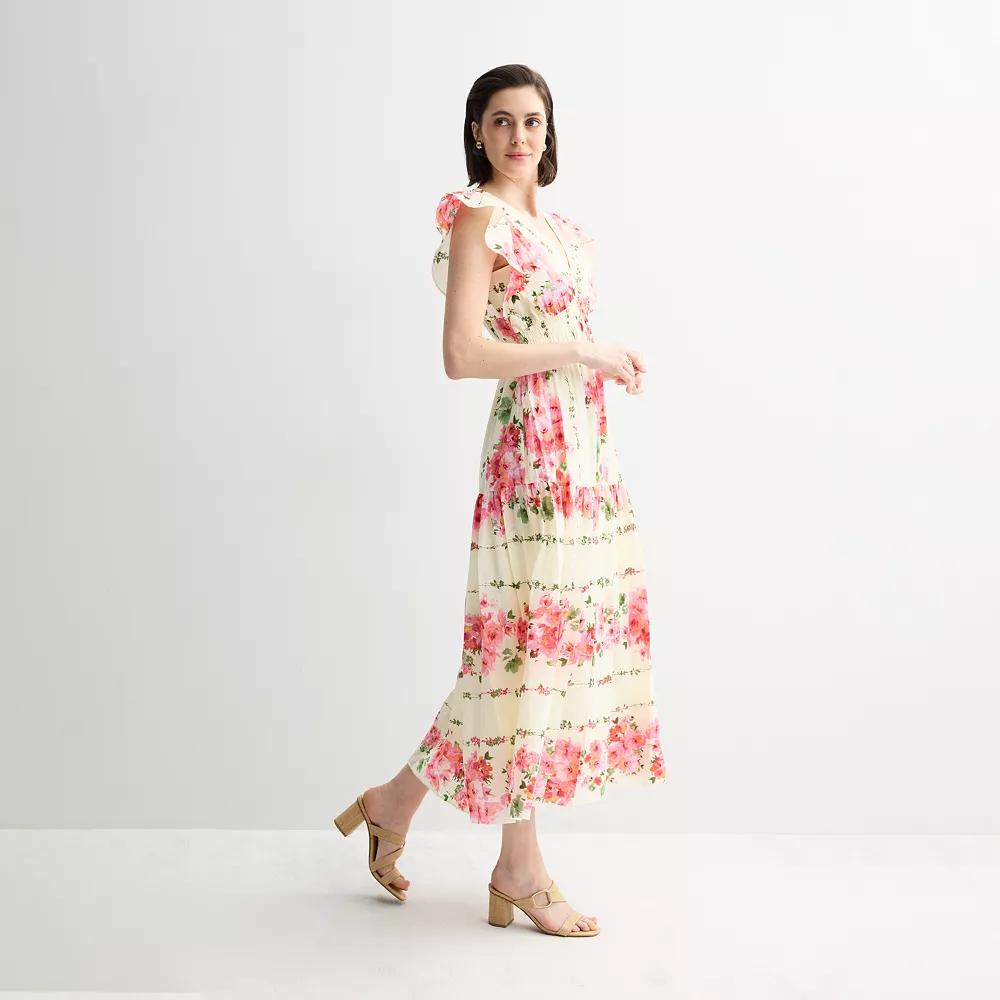 Women's Taylor Smocked Waist Flutter Sleeve Maxi Dress, Size: 6, Ivory Pink Floral Product Image