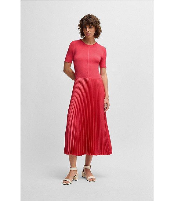 BOSS by Hugo Boss Fadridi Knit Crew Neck Short Sleeve Pleated Midi Dress Product Image