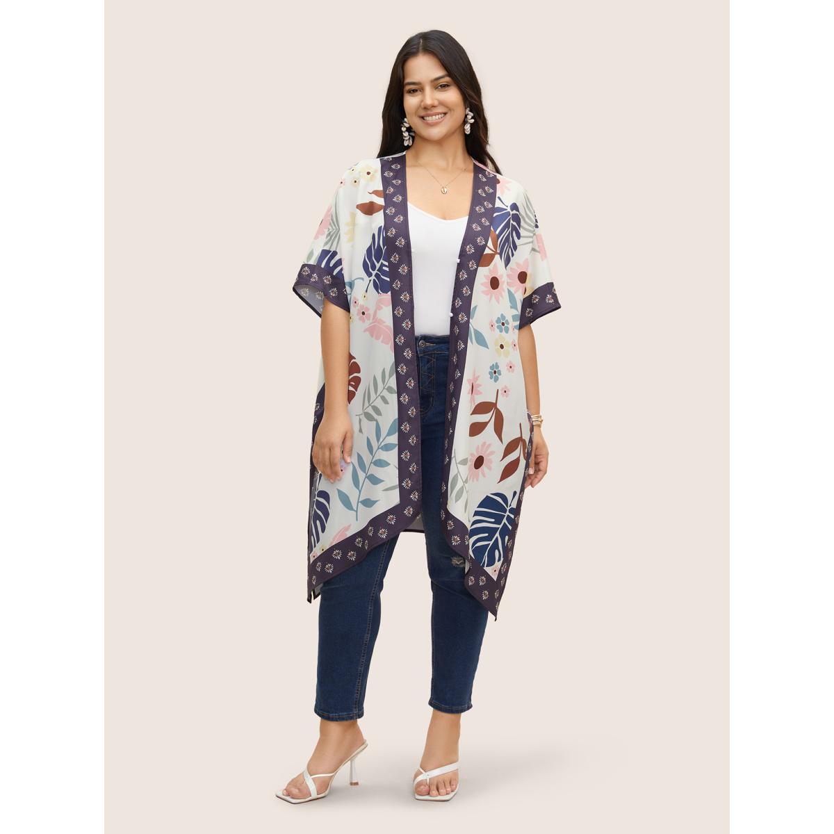 Plus Size Painted Flower Print Split Hem Kimono Women DarkBlue Resort Contrast Loose Vacation Kimonos BloomChic 30/6X Product Image