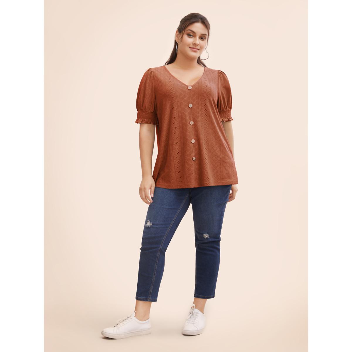 Plus Size Plain Broderie Anglaise Shirred Puff Sleeve Button Detail T-shirt Rust Women Casual Button Plain V-neck Everyday T-shirts BloomChic 30/6X Product Image