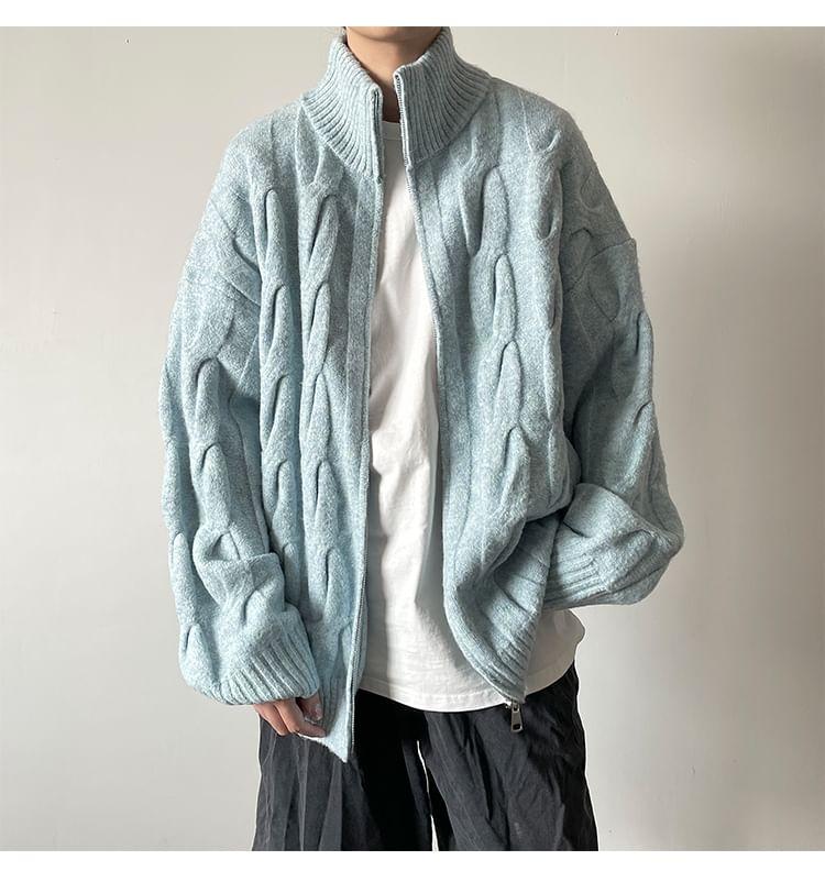 Stand Collar Plain Cable Knit Zip Cardigan Product Image