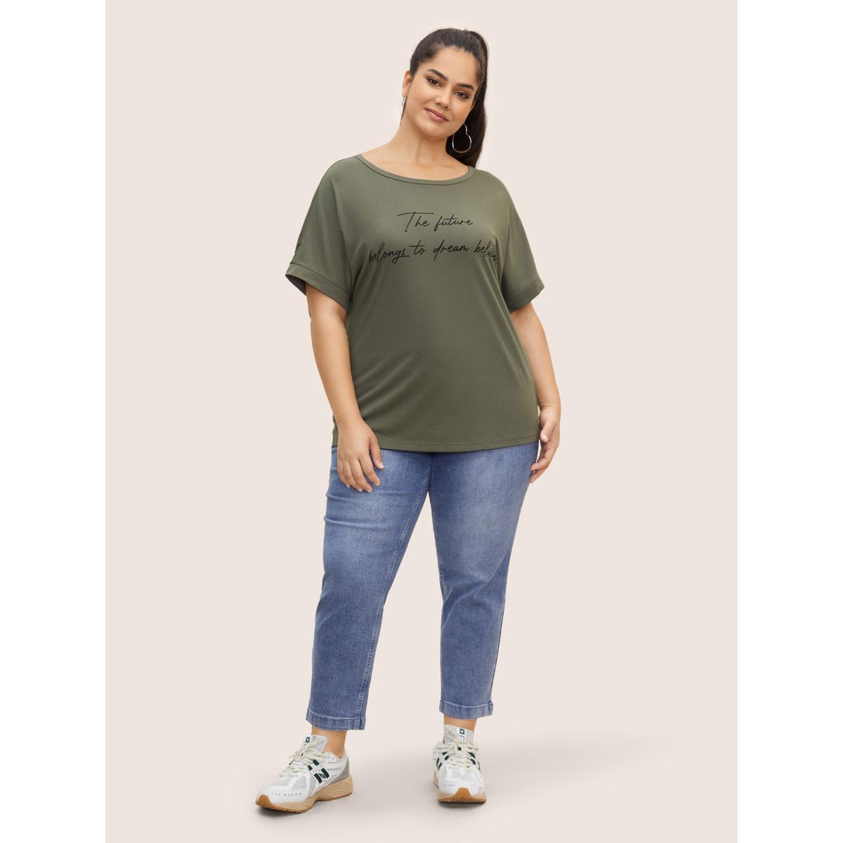 Plus Size Letter Print Dolman Sleeve Curved Hem T-shirt ArmyGreen Women Casual Contrast Round Neck Everyday T-shirts BloomChic 14-16/1X Product Image
