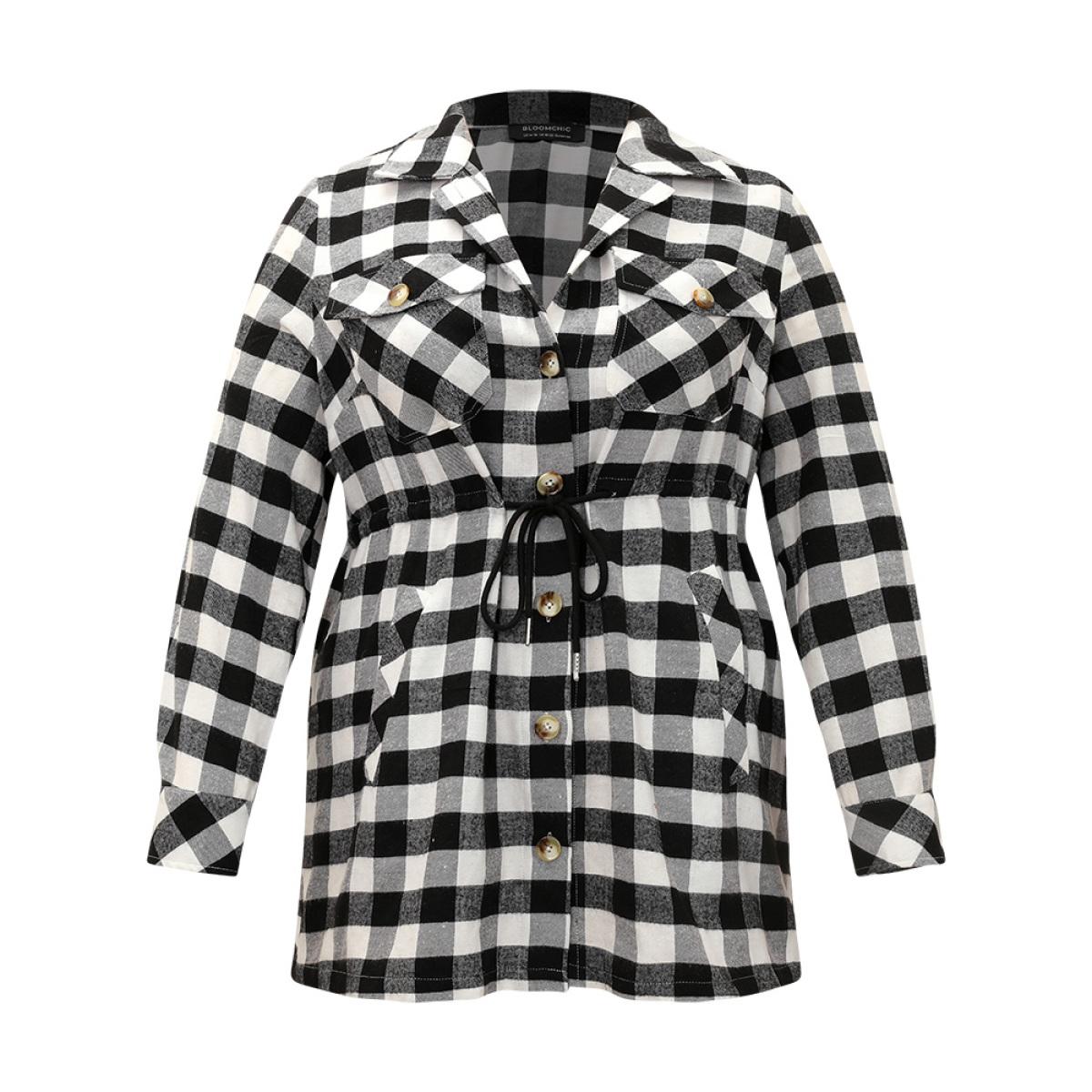 Plus Size Halloween Plaid Drawstring Pocket Button Through Coat Women Black Drawstring Pocket Dailywear Jackets BloomChic 10/M Product Image