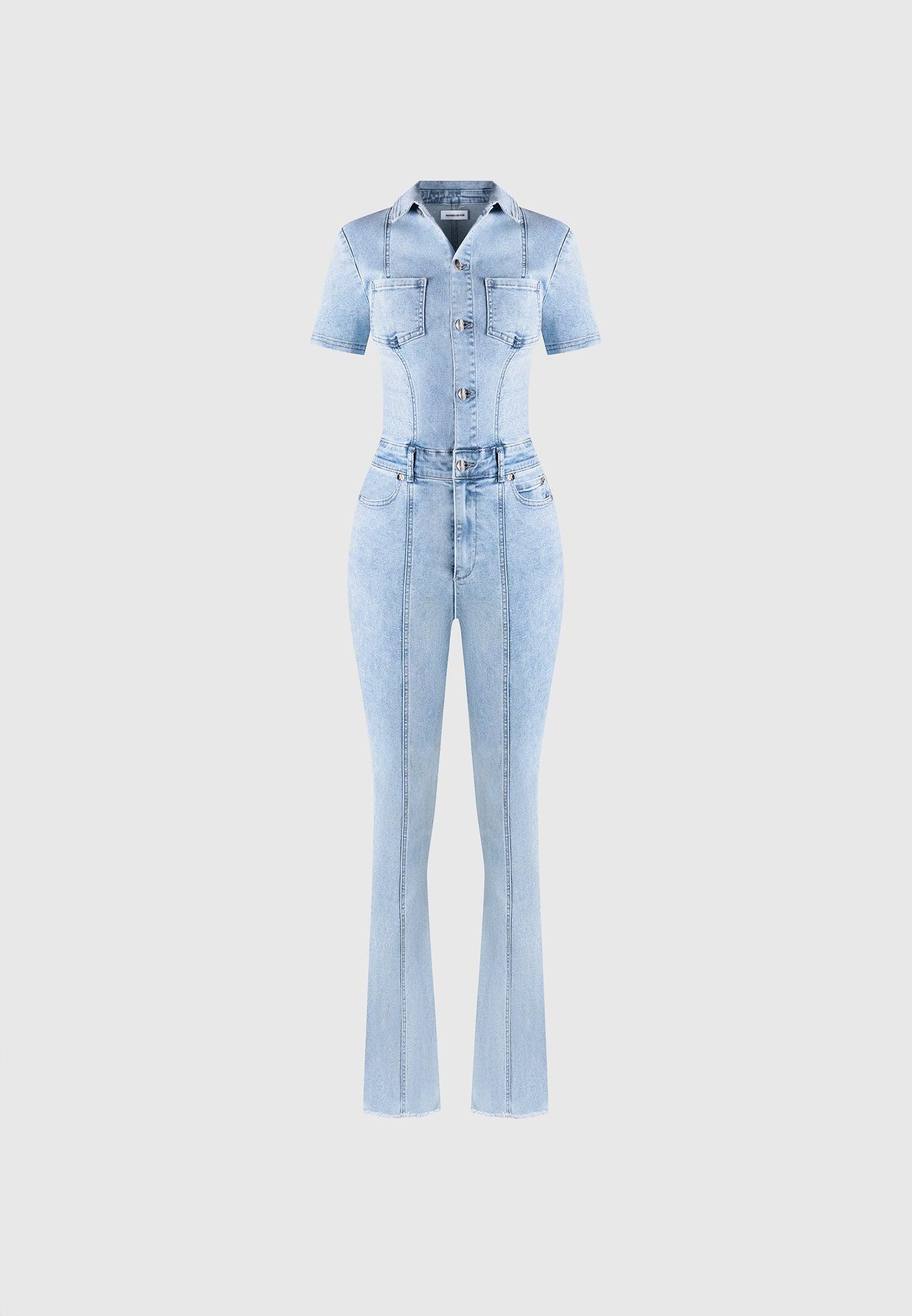 Violette - Mini Flared Denim Jumpsuit - Mid Blue Female Product Image