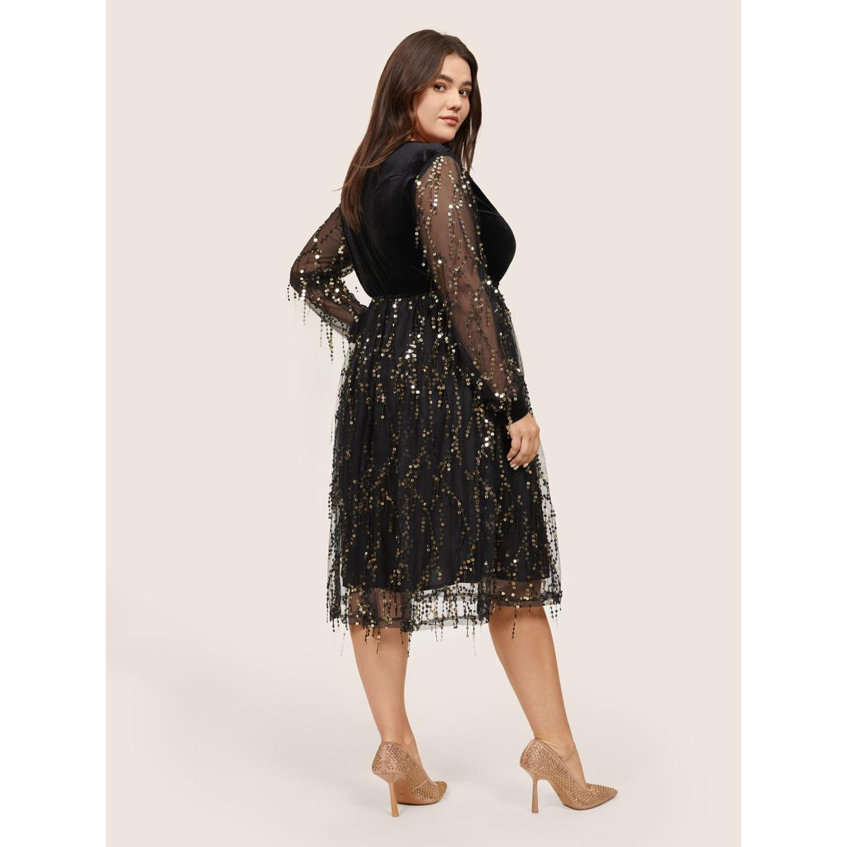 Plus Size Velvet Sequin Tassels Mesh Surplice Neck Dress Black Women Cocktail Sequin Overlap Collar Long Sleeve Curvy Midi Dress BloomChic 14-16/1X Product Image