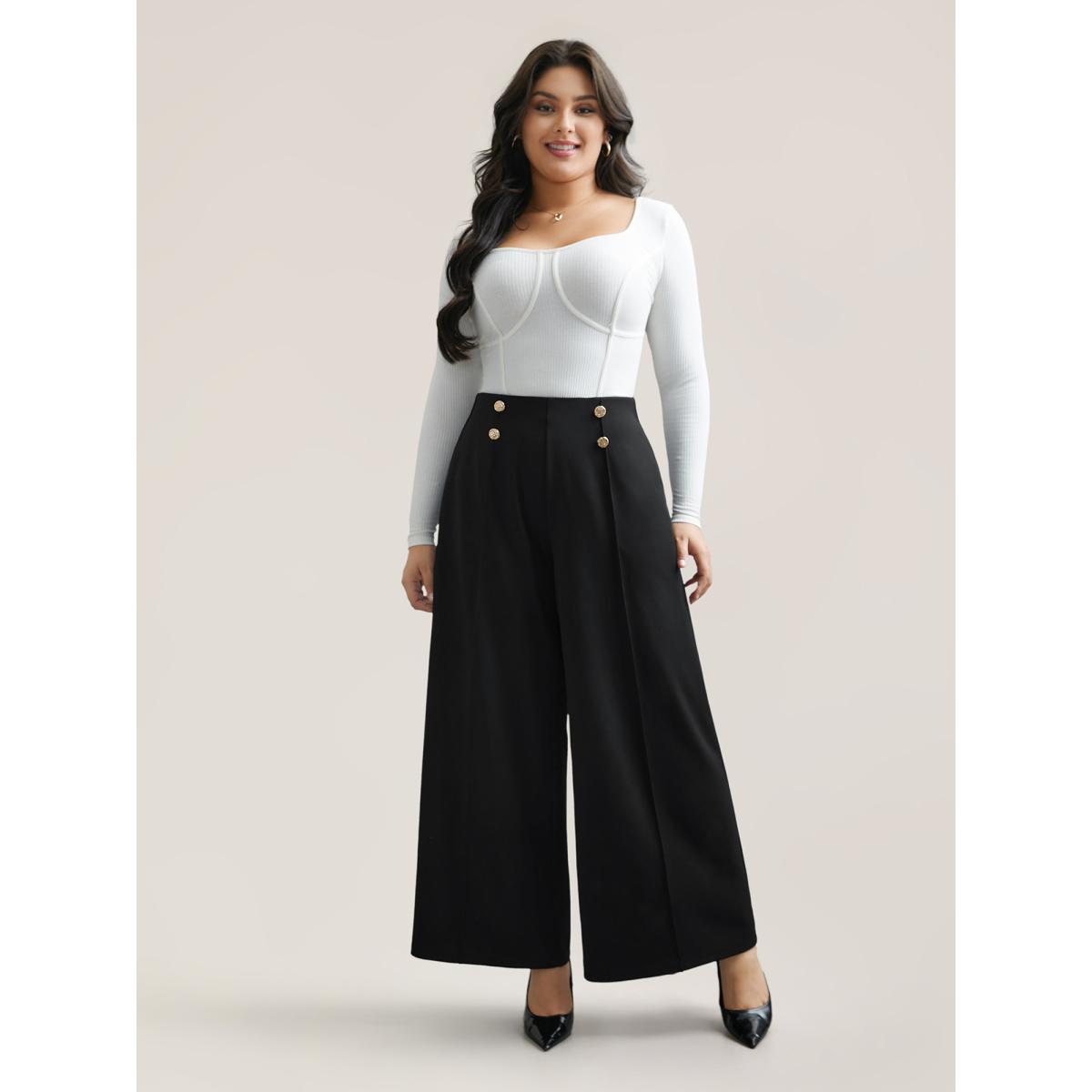 Plus Size No-Gap Waist Seamed Side Button Pants Women Black Workwear Essentials Wide Leg Mid Rise Work Pants BloomChic 14-16/1X Product Image