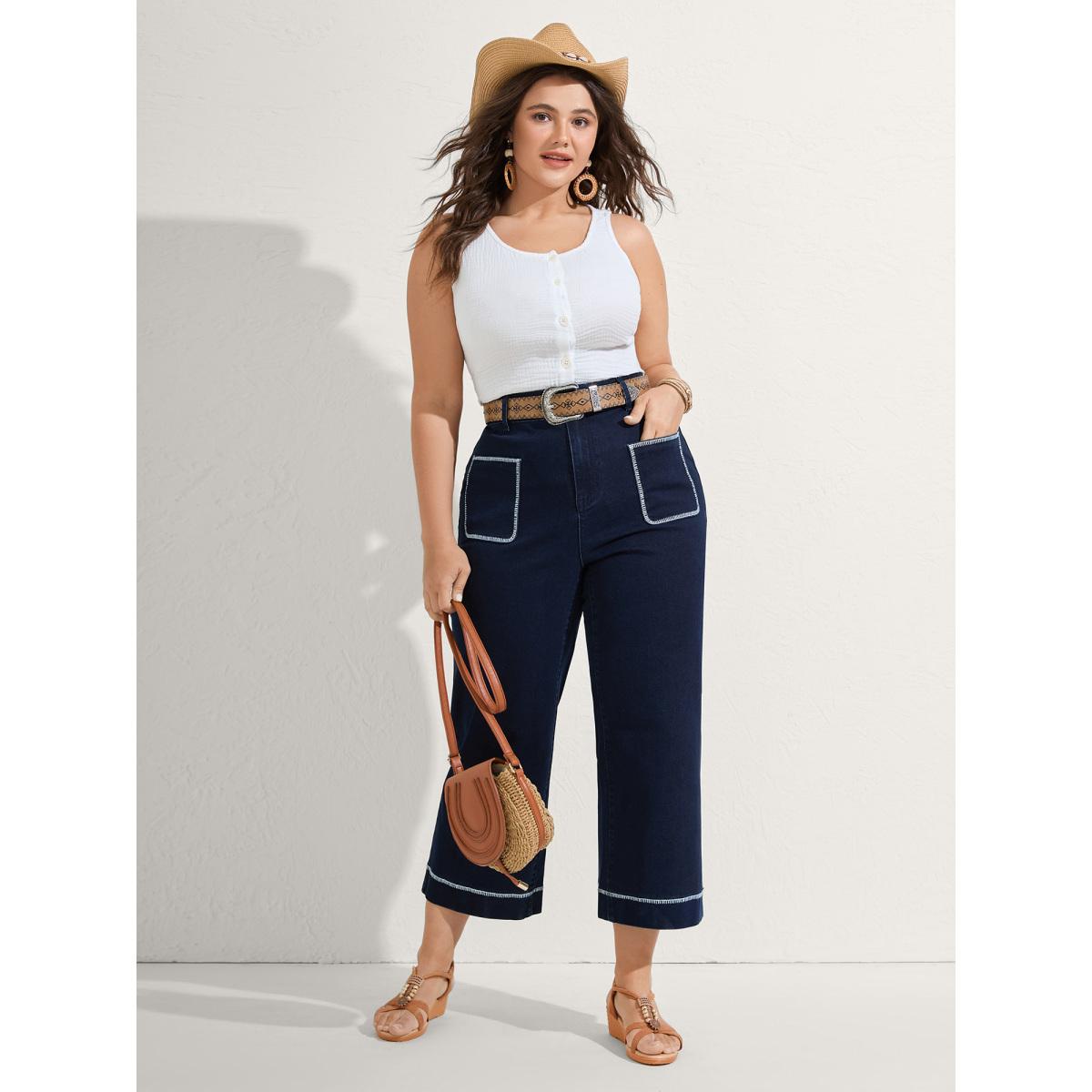 Plus Size Embroidered Front Pockets Straight-Leg Jeans Women Midblue Leisure High stretch Slanted pocket Jeans BloomChic 16/1X Product Image