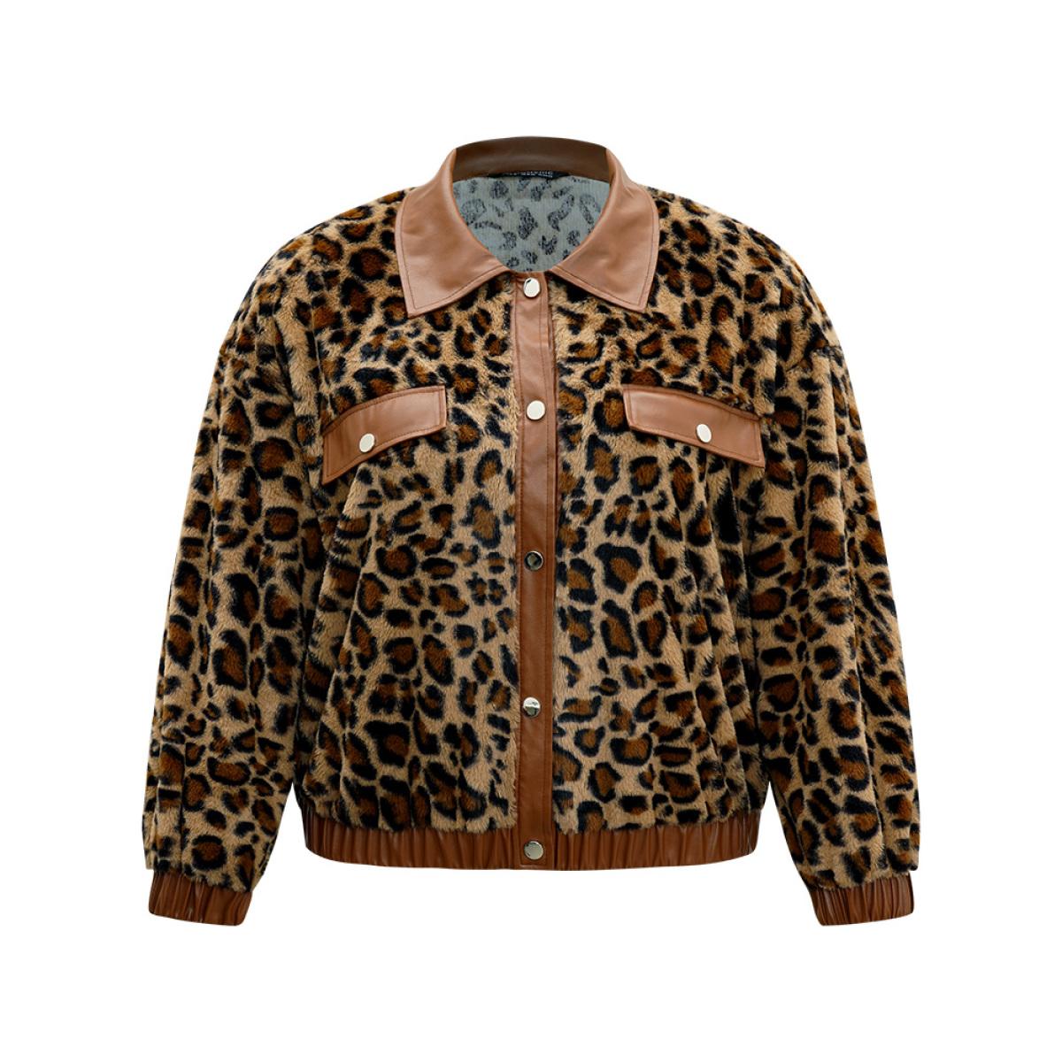 Plus Size Leopard Patchwork Button Through Jacket Women Leopard Elastic cuffs Dailywear Jackets BloomChic 10/M Product Image