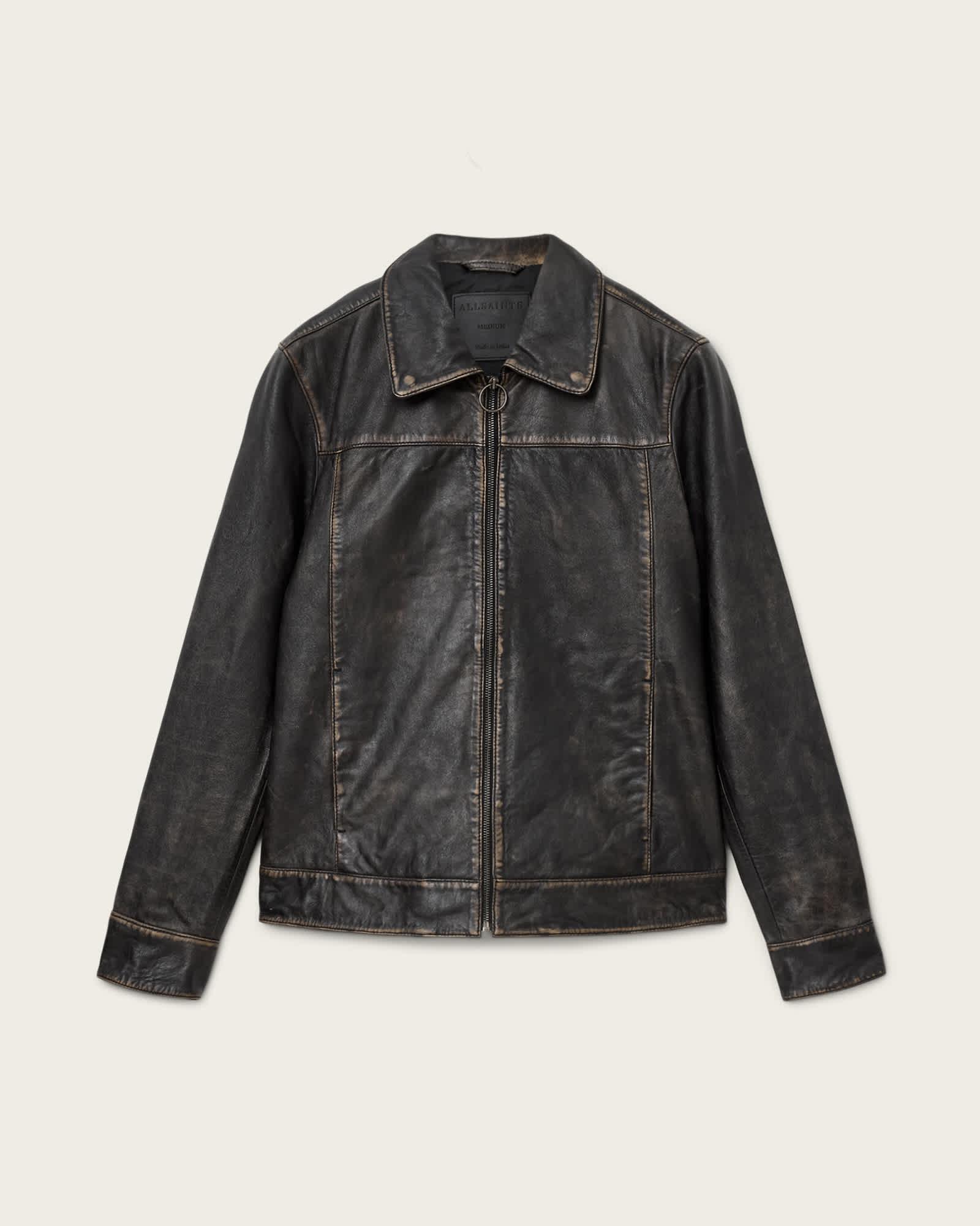 Alkan Zip Up Two Tone Leather Jacket Vintage Black | ALLSAINTS US Product Image