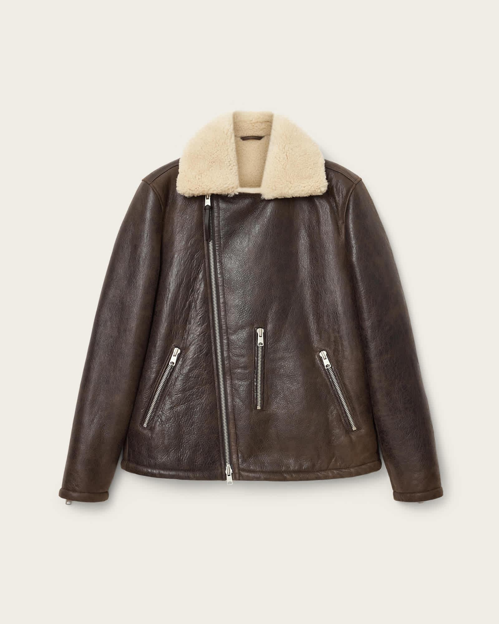 Xylon Shearling Biker Jacket BARKWOOD BROWN | ALLSAINTS US Product Image