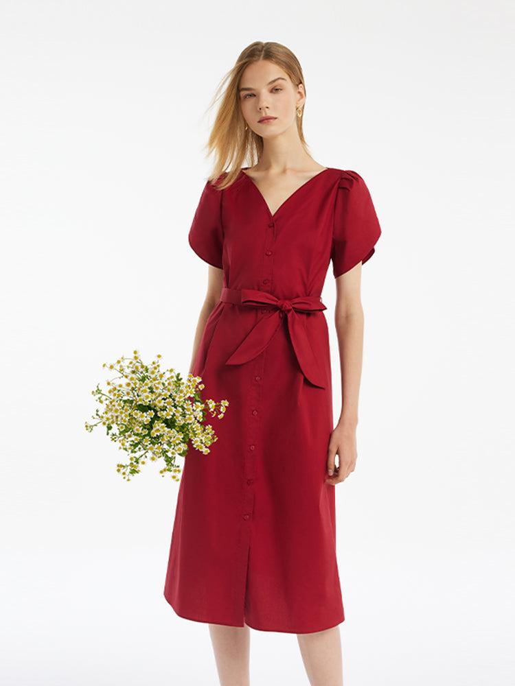 Petal Sleeves Gathered Waist V-Neck Women Midi Dress With Belt Product Image