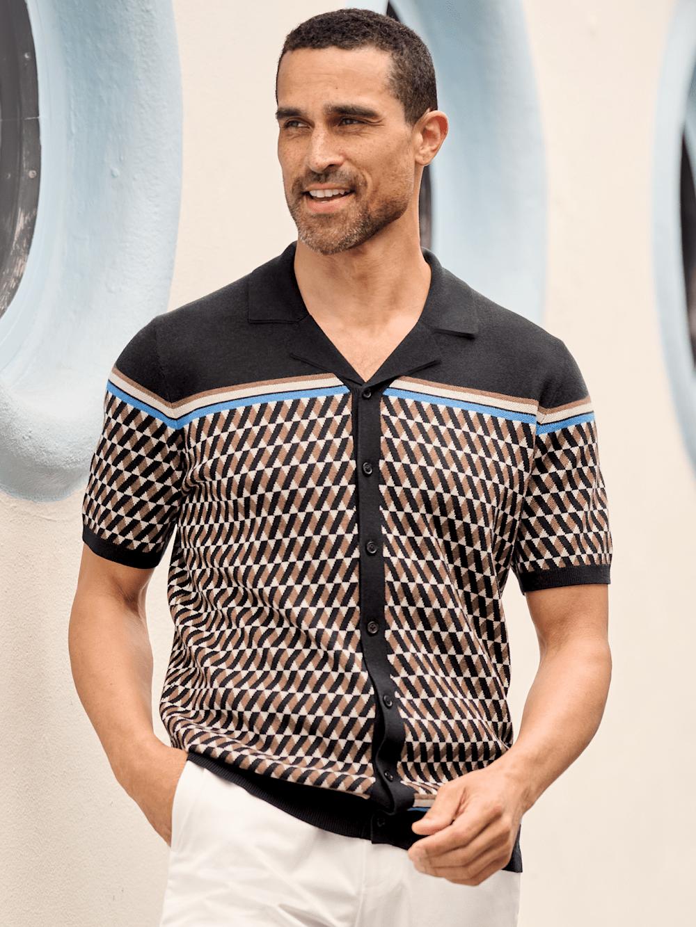 Cotton Button Front Camp Collar Sweater - Black/brown Product Image