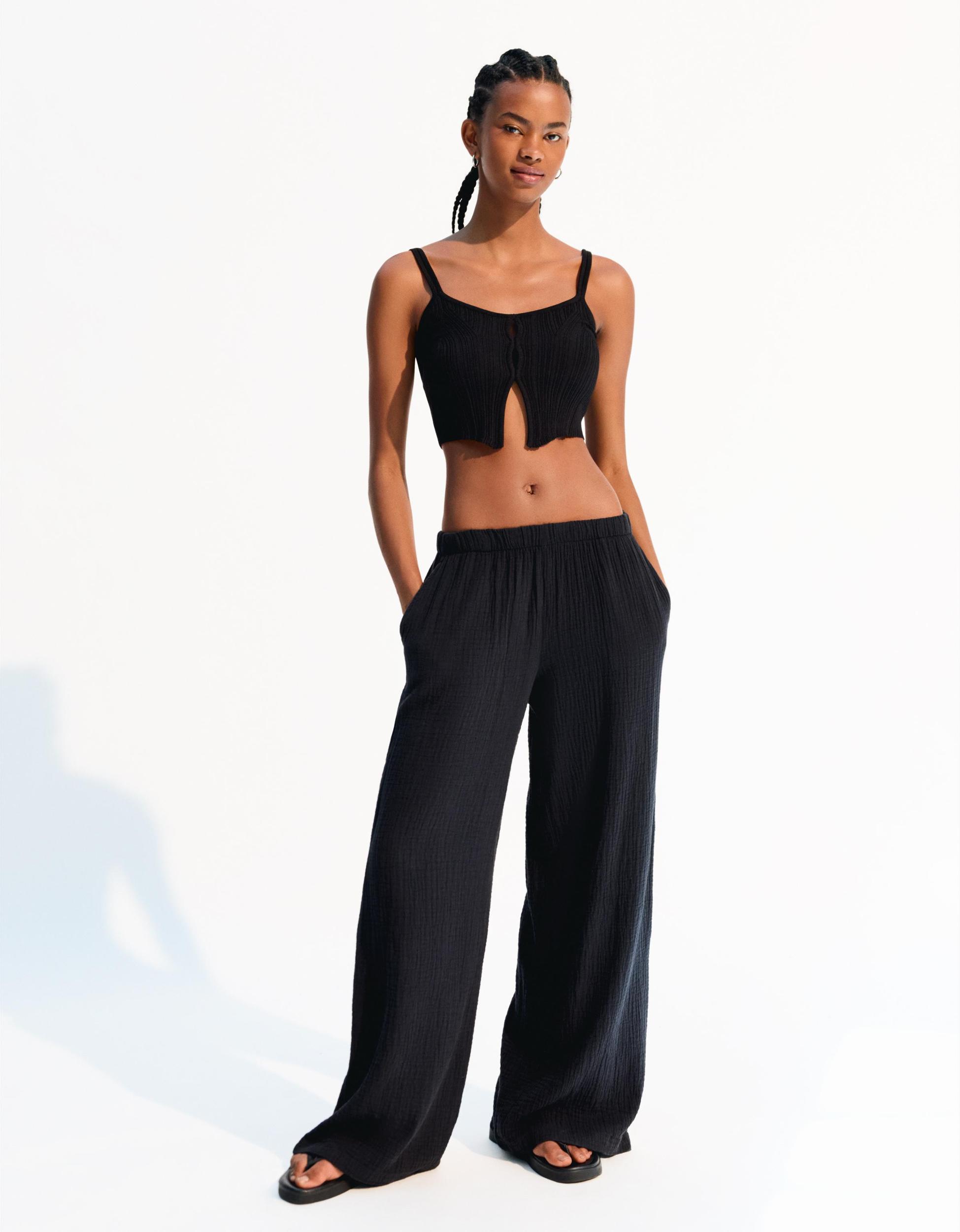Wide-leg rustic double cloth pants Product Image