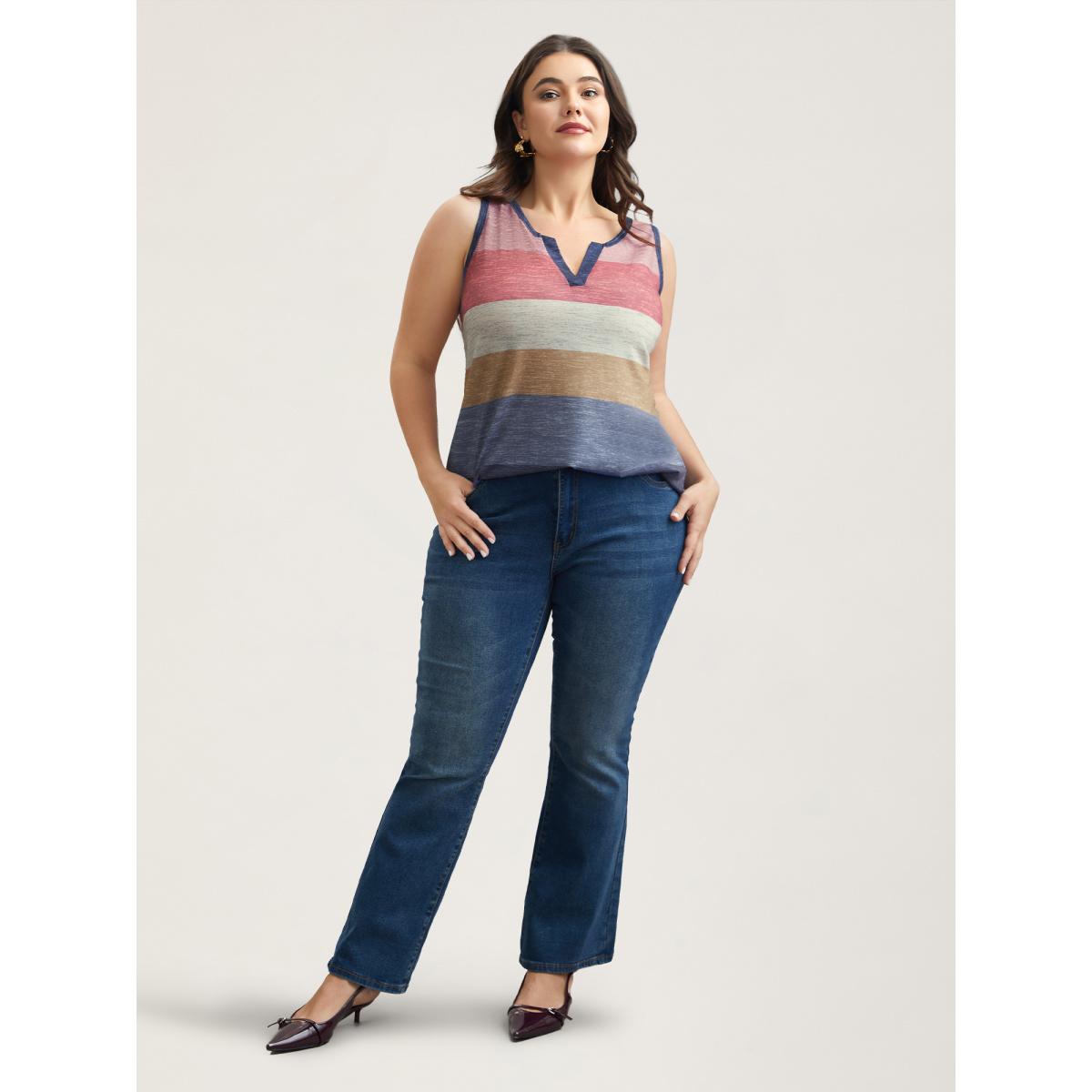 Plus Size Multi-Color Stripes Off-Sleeves Vest Women Multicolor Leisure Contrast Notched collar Casual Tank Tops Camis BloomChic 18-20/2X Product Image