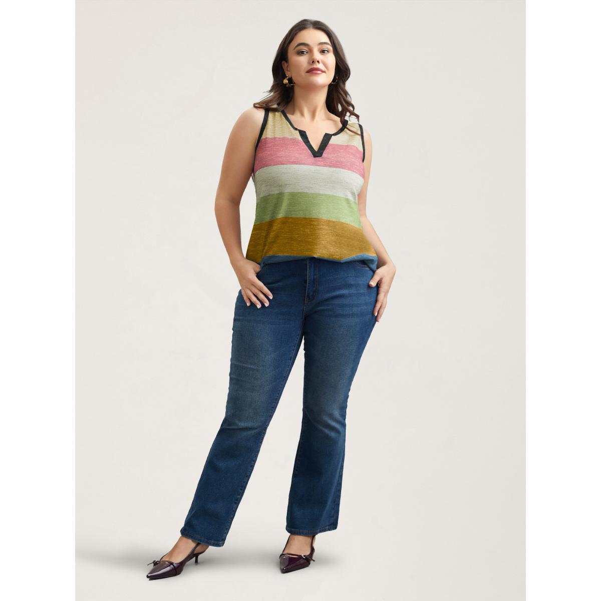 Plus Size Multi-Color Stripes Off-Sleeves Vest Women Burgundy Leisure Contrast Notched collar Casual Tank Tops Camis BloomChic 30/6X Product Image