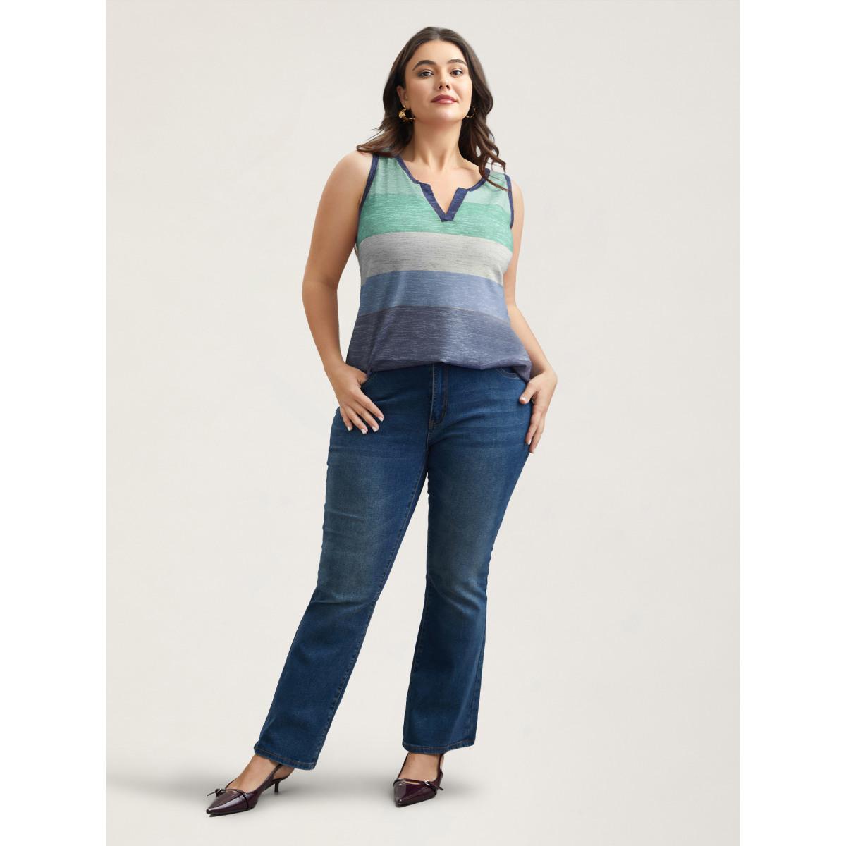 Plus Size Multi-Color Stripes Off-Sleeves Vest Women Emerald Leisure Contrast Notched collar Casual Tank Tops Camis BloomChic 18-20/2X Product Image